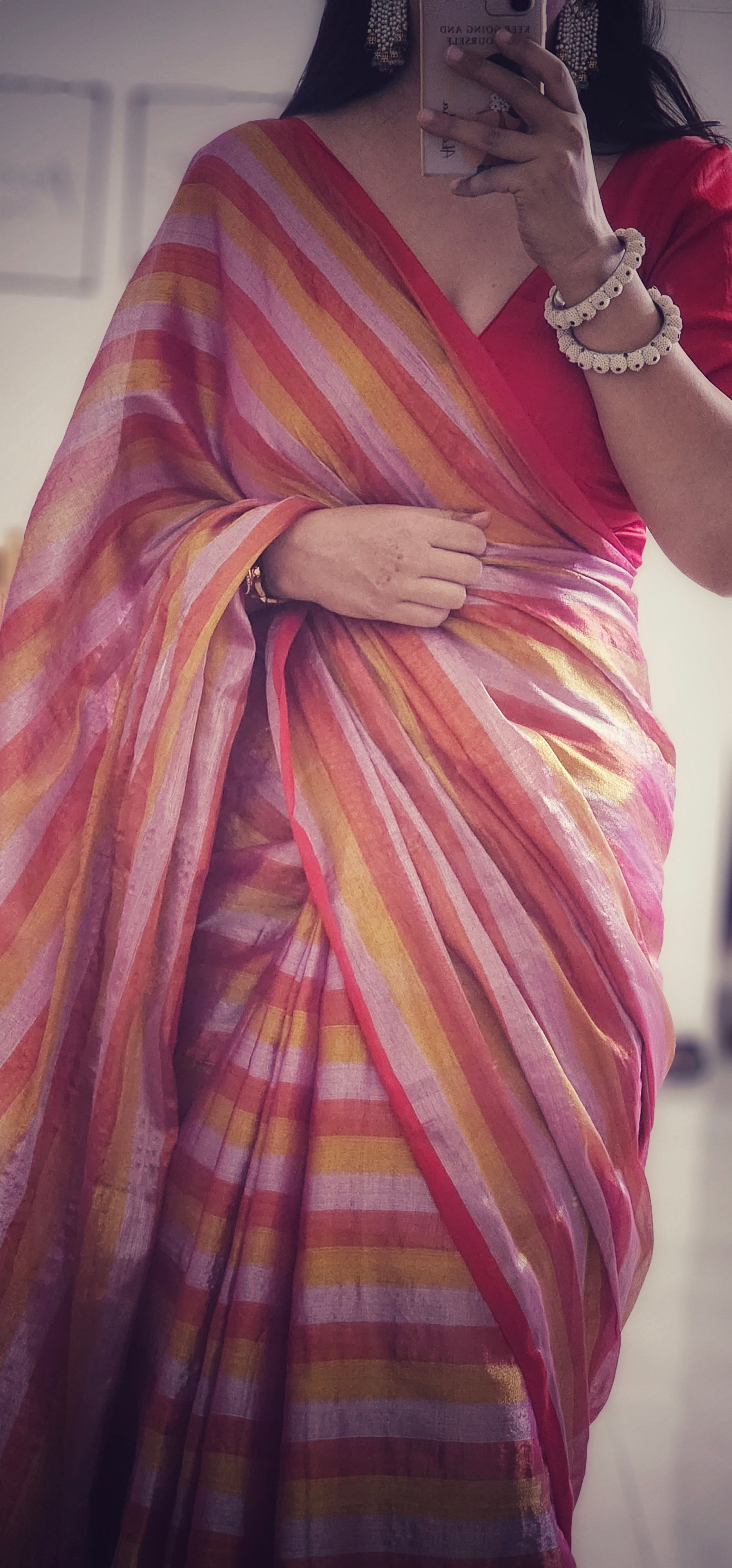 Pink stripes Cotton tissue with zari