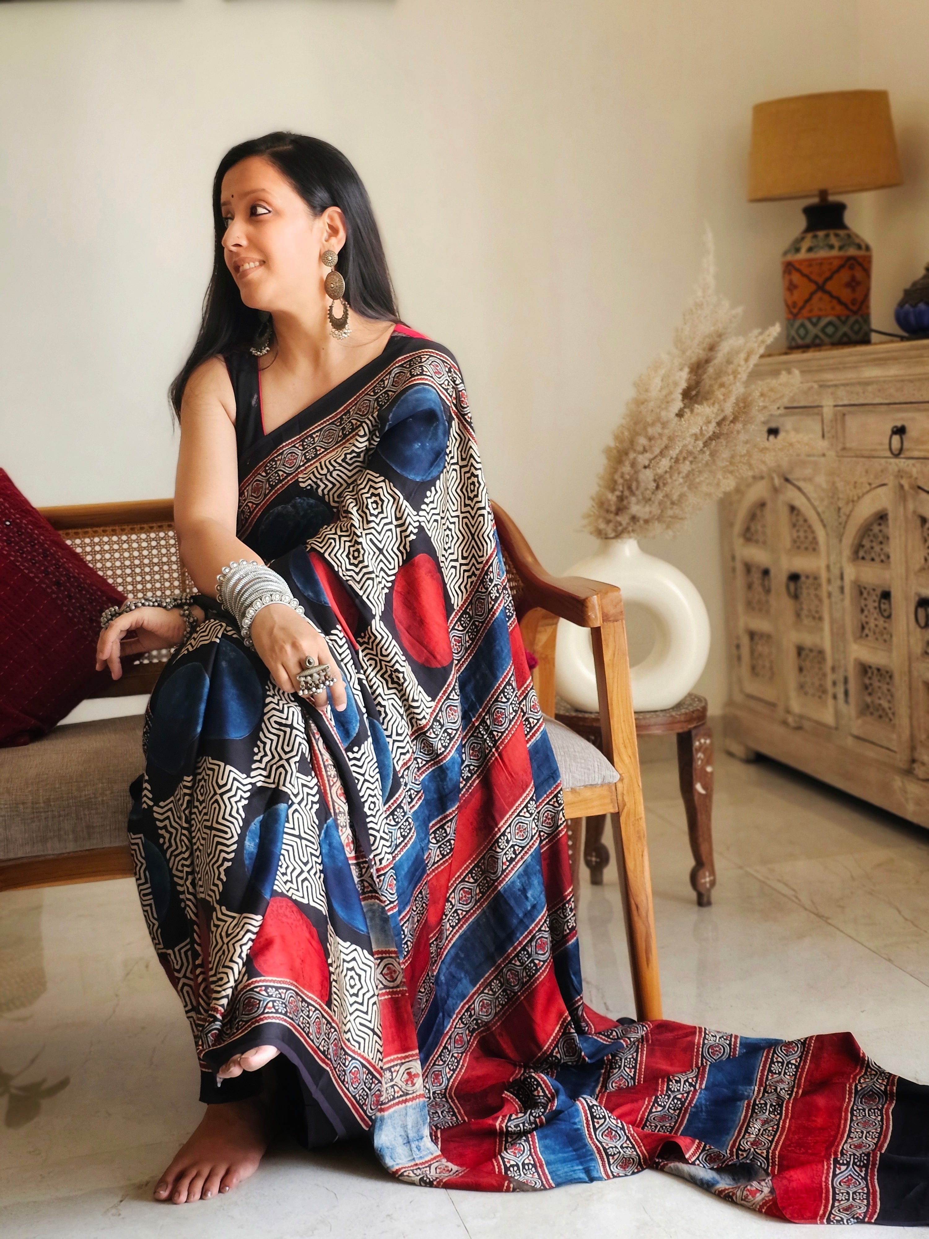 Blue and red circle Modal silk saree