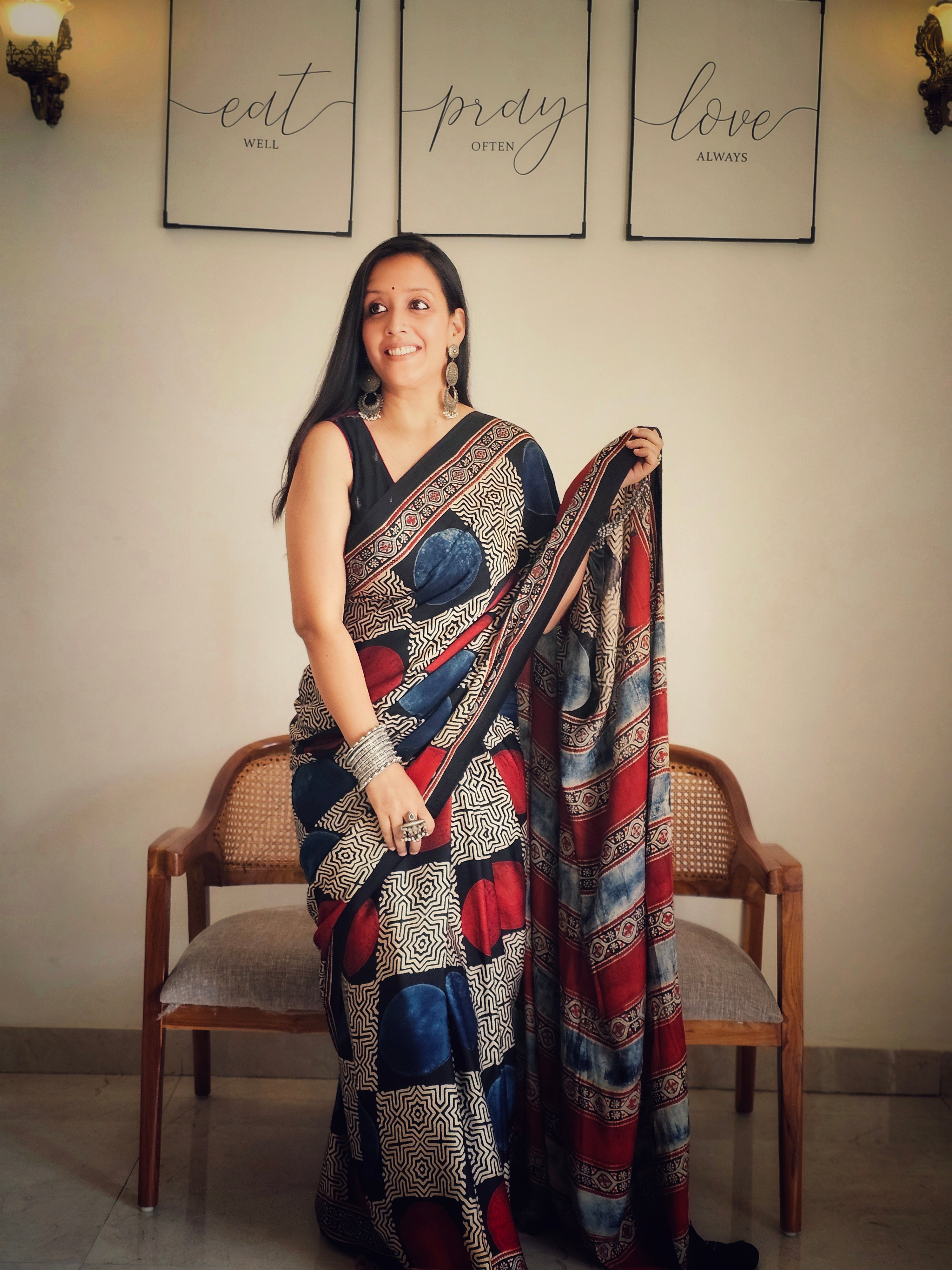 Blue and red circle Modal silk saree
