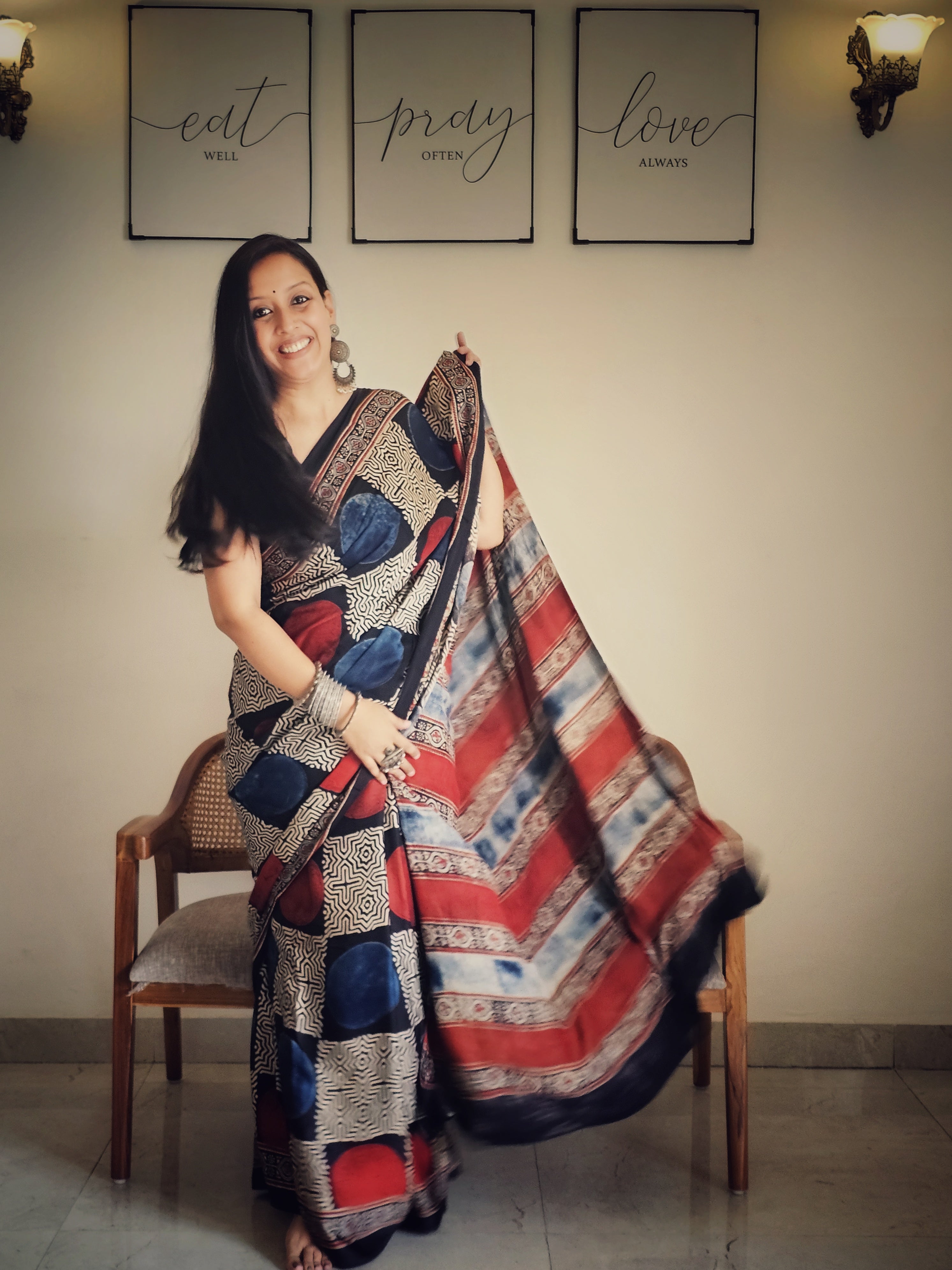 Blue and red circle Modal silk saree