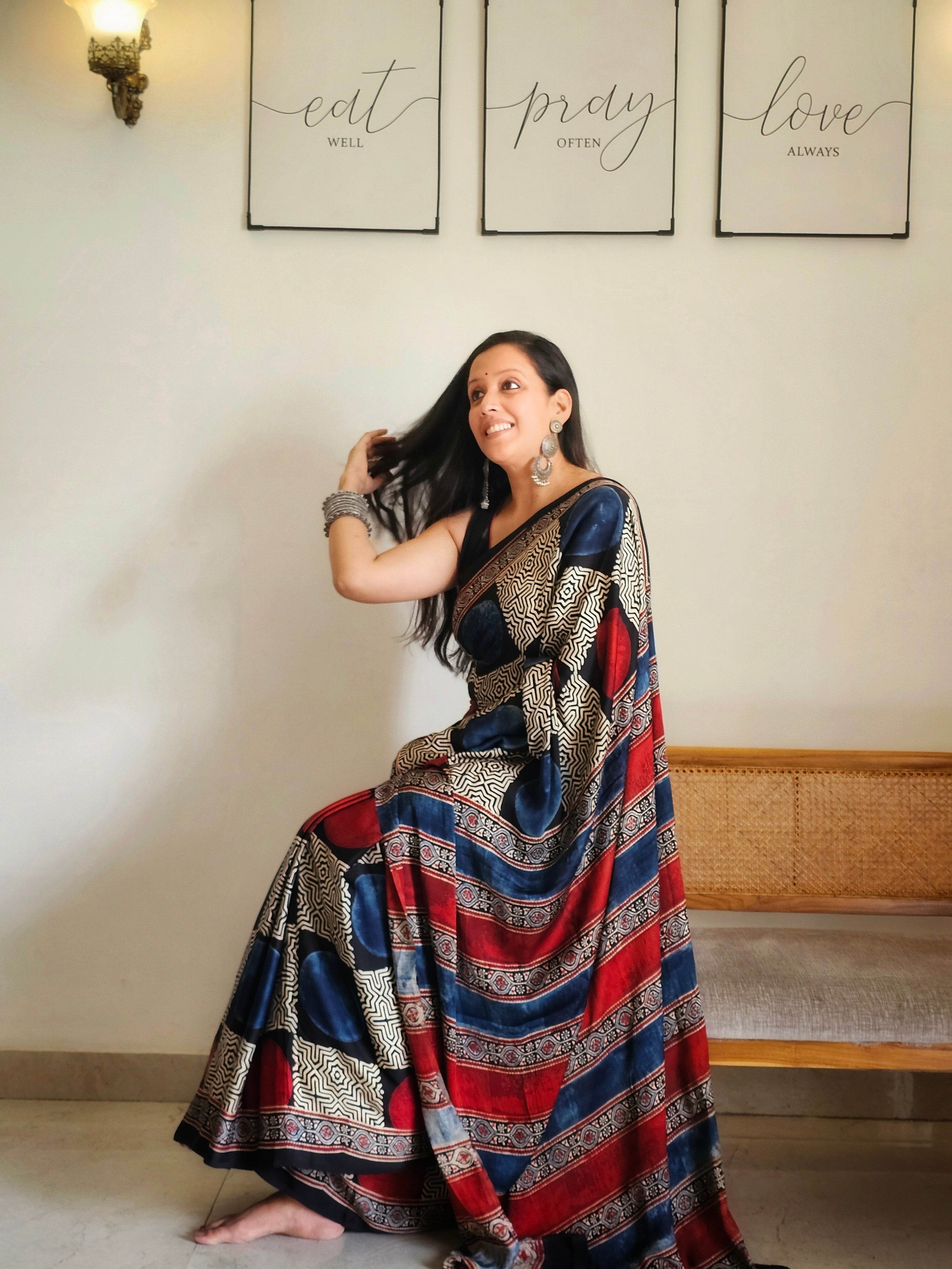 Blue and red circle Modal silk saree