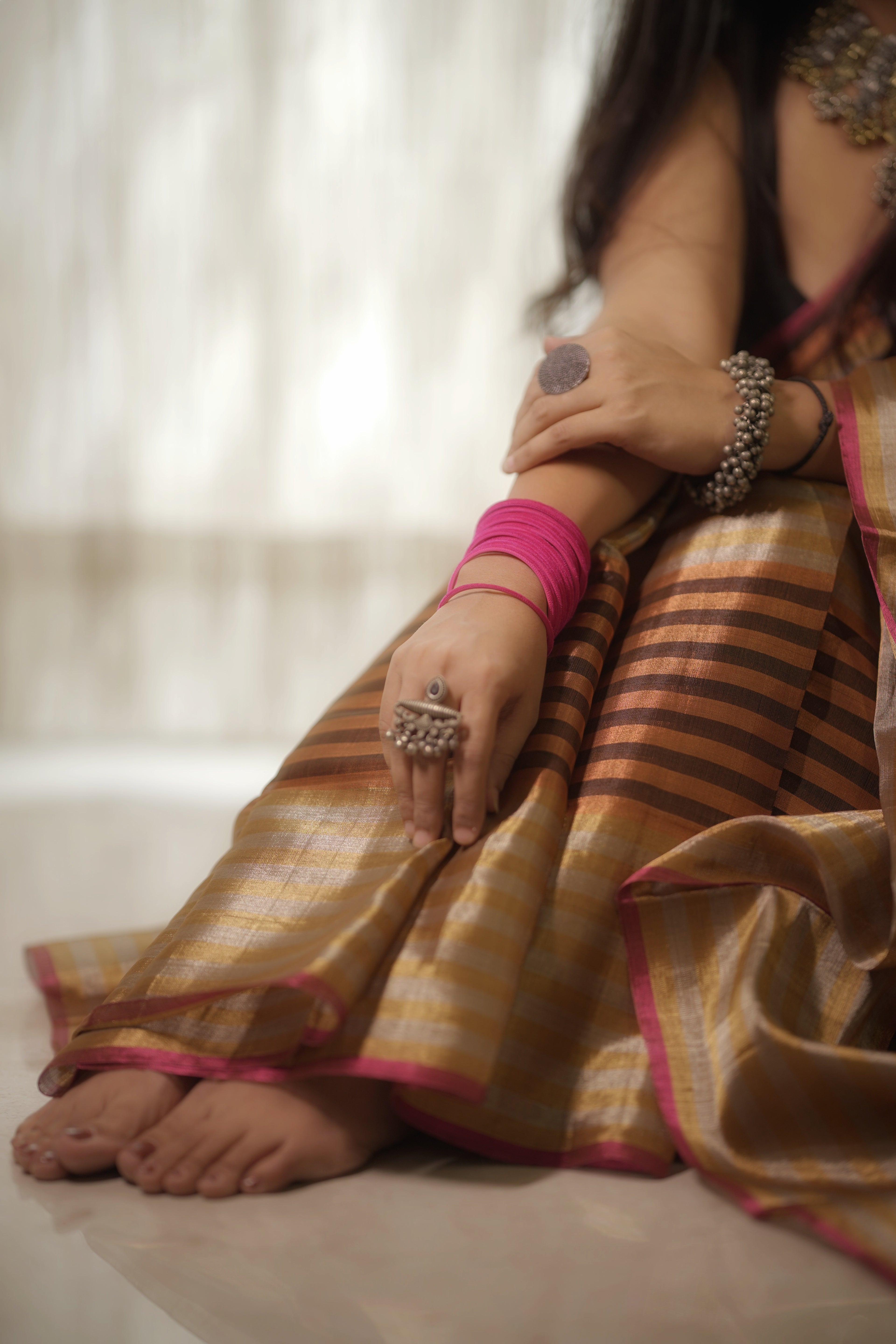 Multi color stripes full tissue soft silk saree