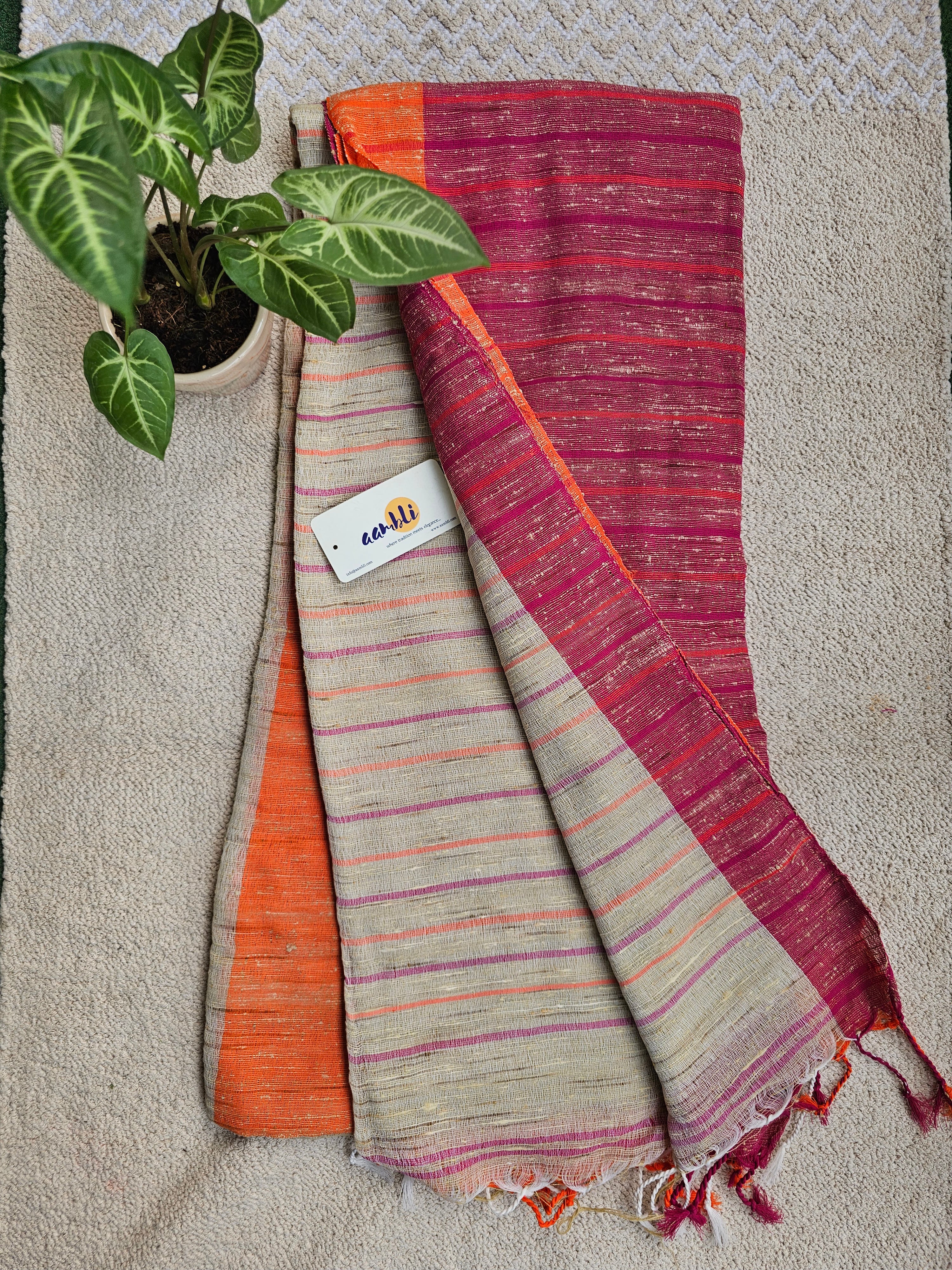 Cream and Magenta Handloom Ghicha Saree
