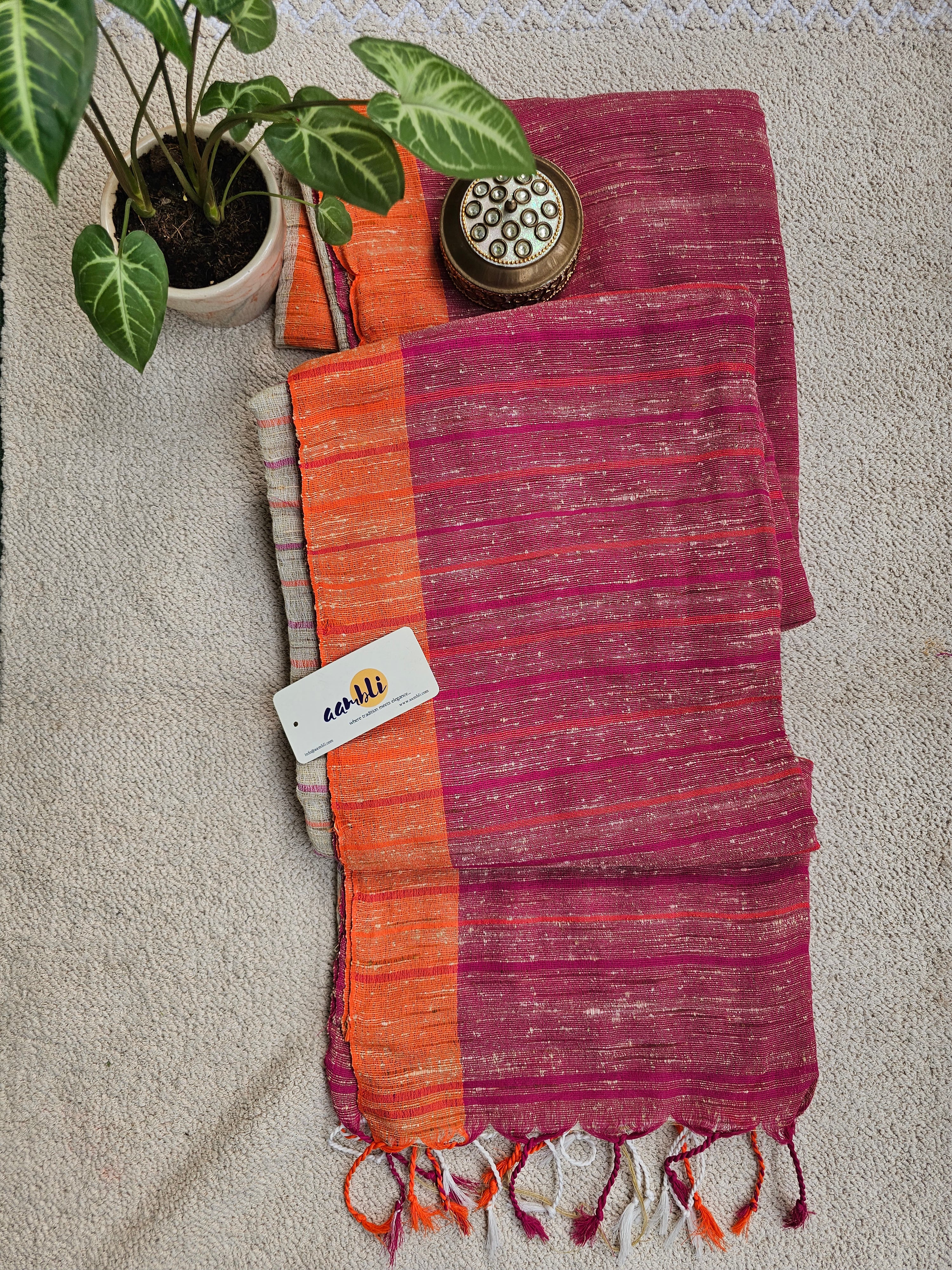 Cream and Magenta Handloom Ghicha Saree