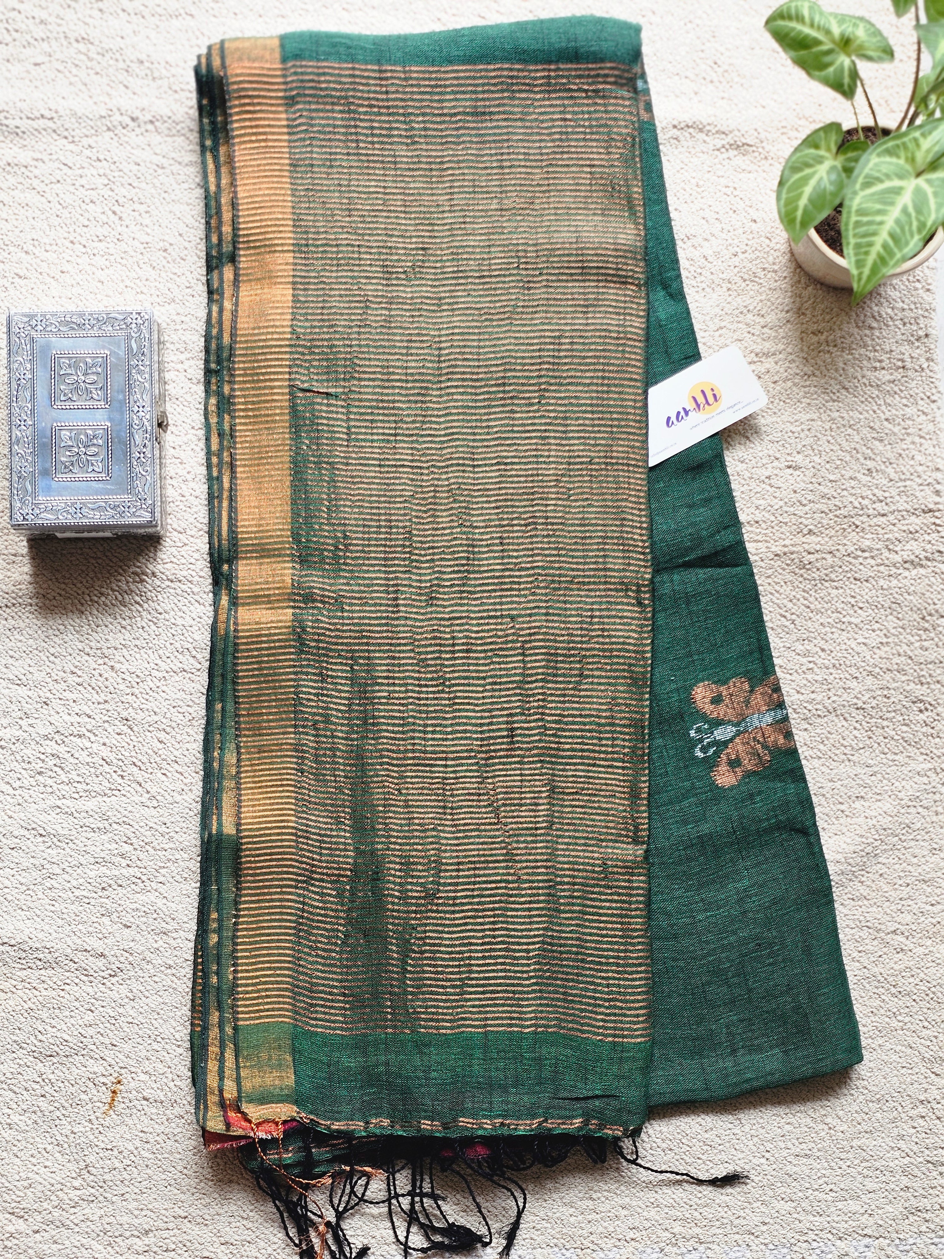 Green pure handwoven linen saree with zari butterfly design