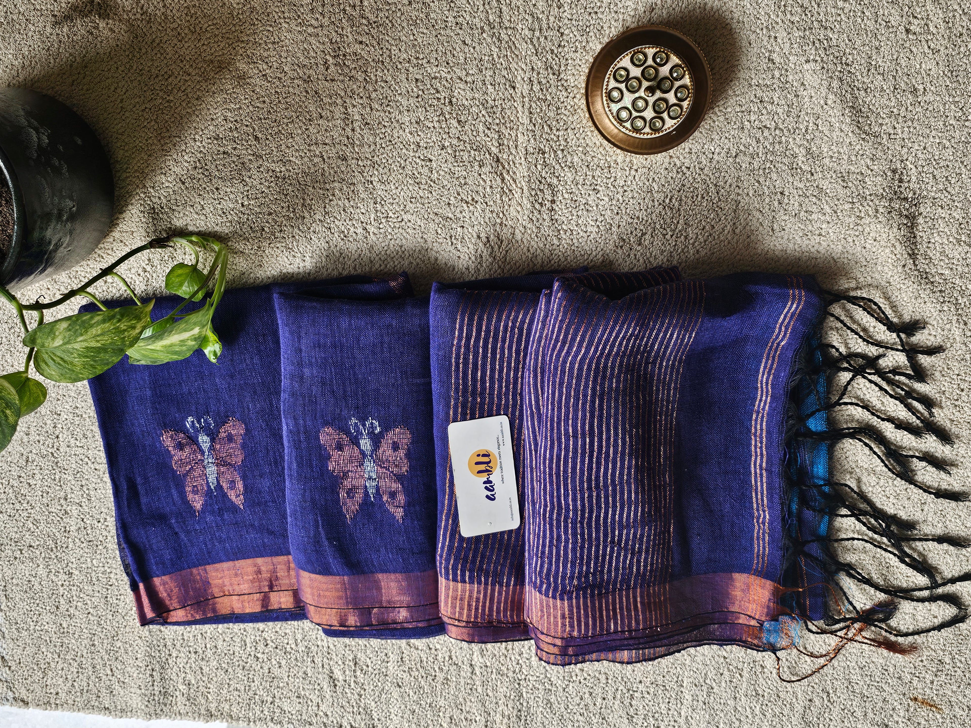 Purple pure handwoven linen saree with zari butterfly design