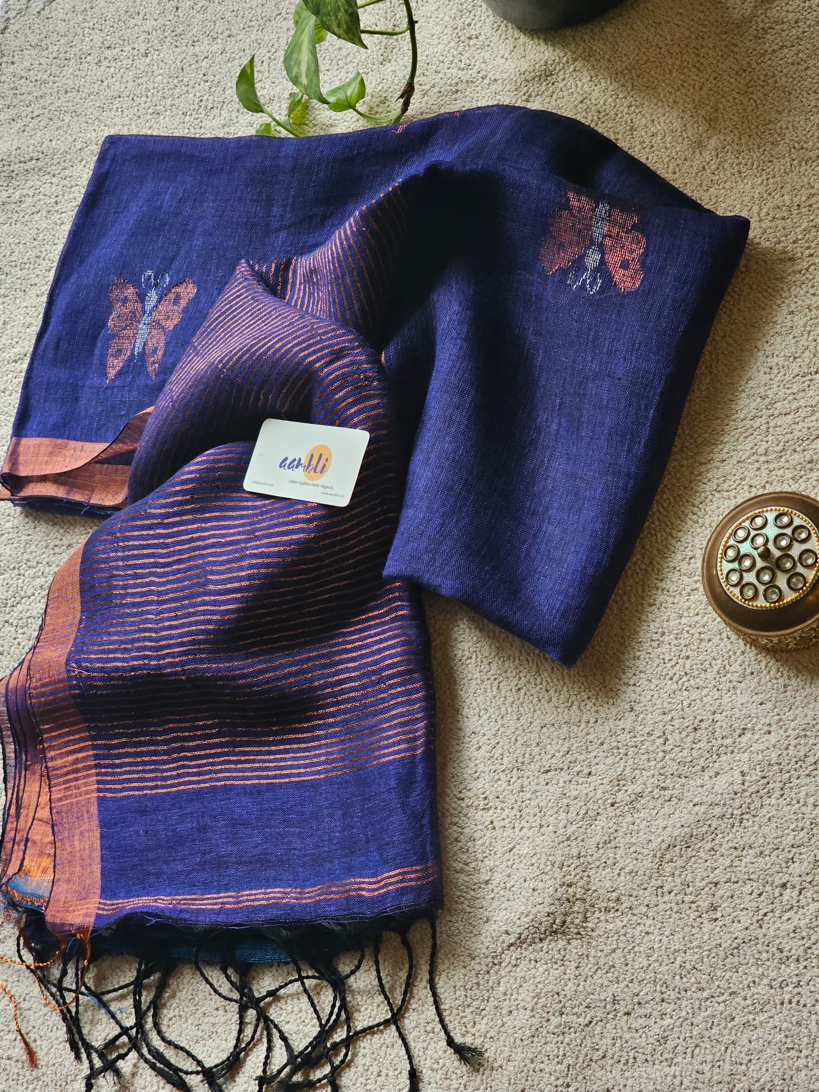 Purple pure handwoven linen saree with zari butterfly design