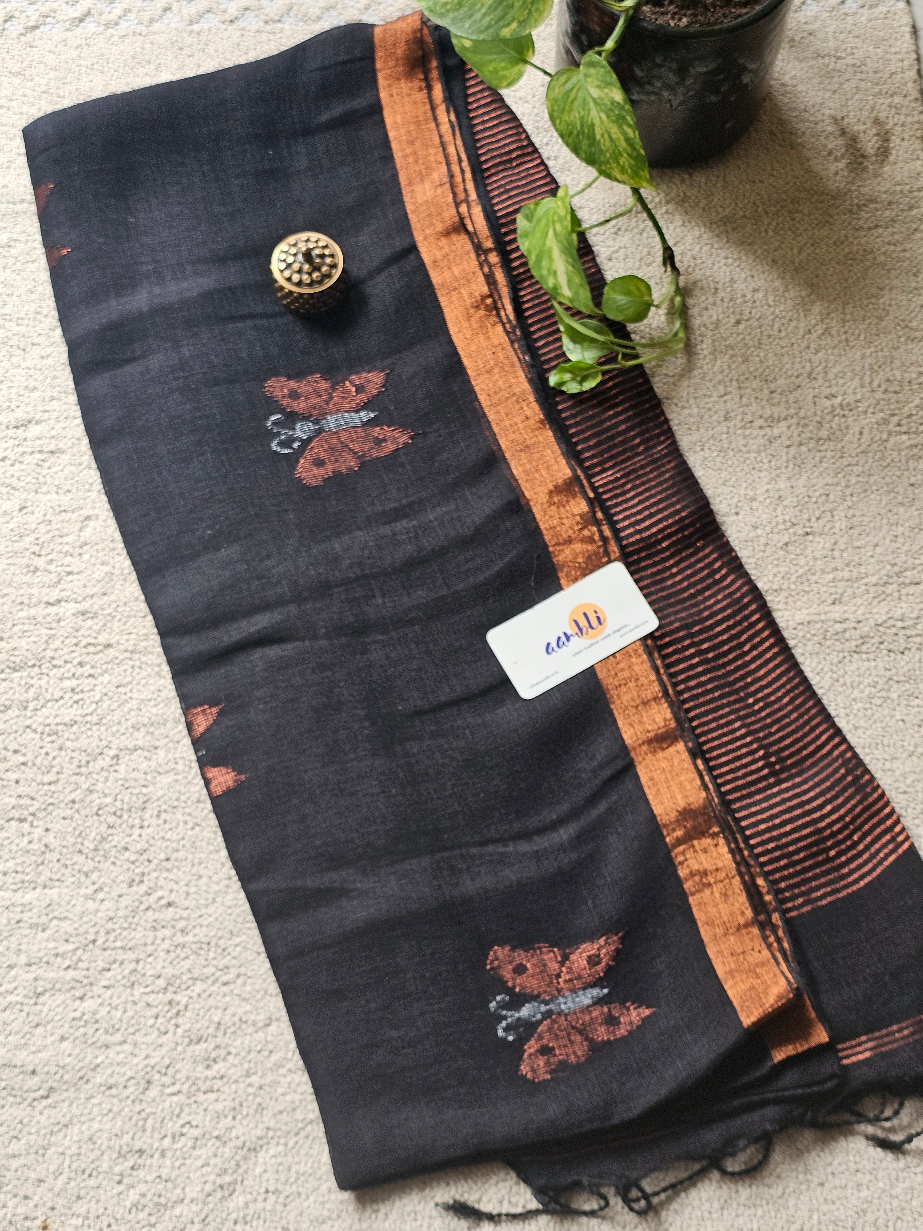 Black pure handwoven linen saree with zari butterfly design