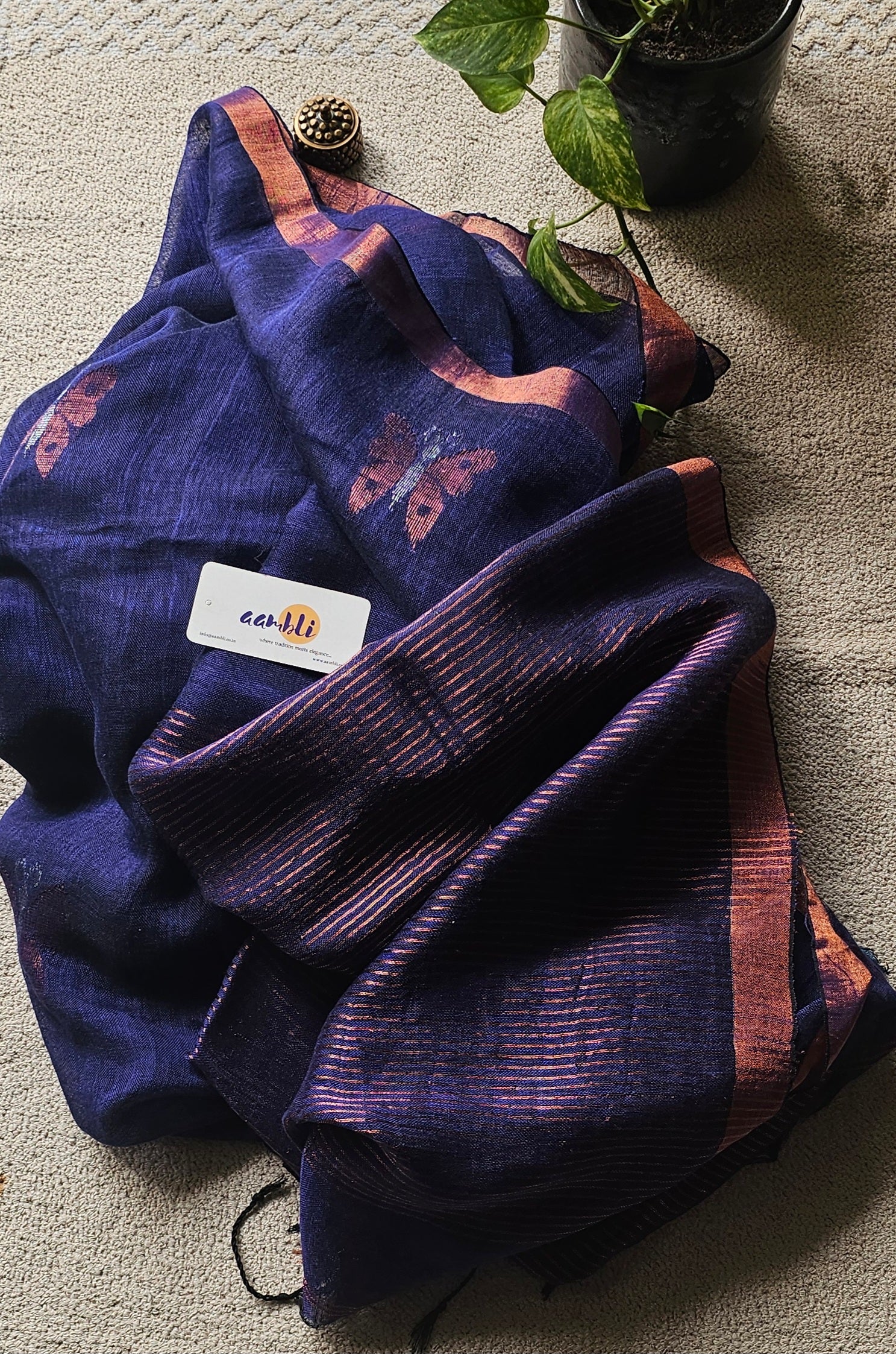 Purple pure handwoven linen saree with zari butterfly design