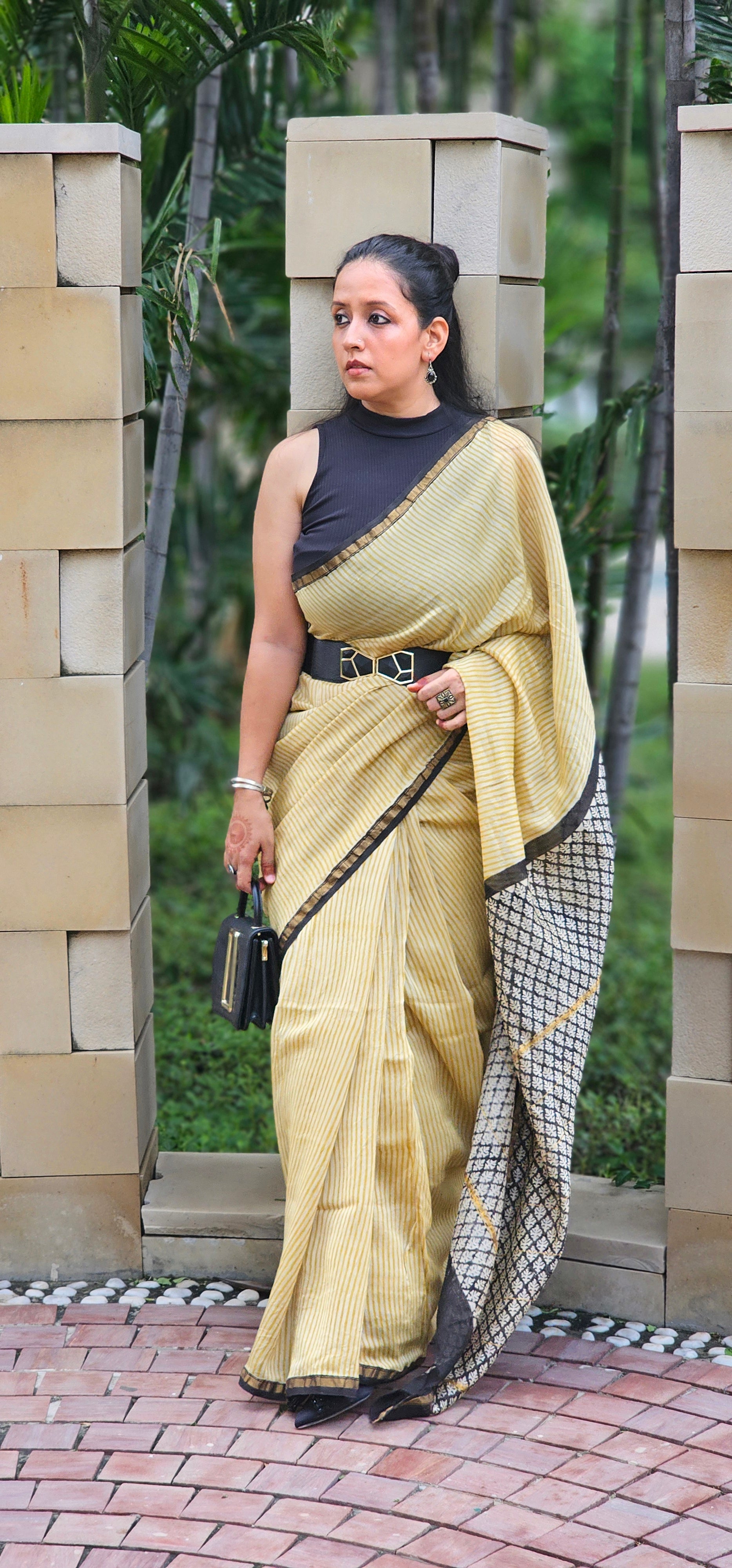 Yellow and black stripes handblock chanderi saree