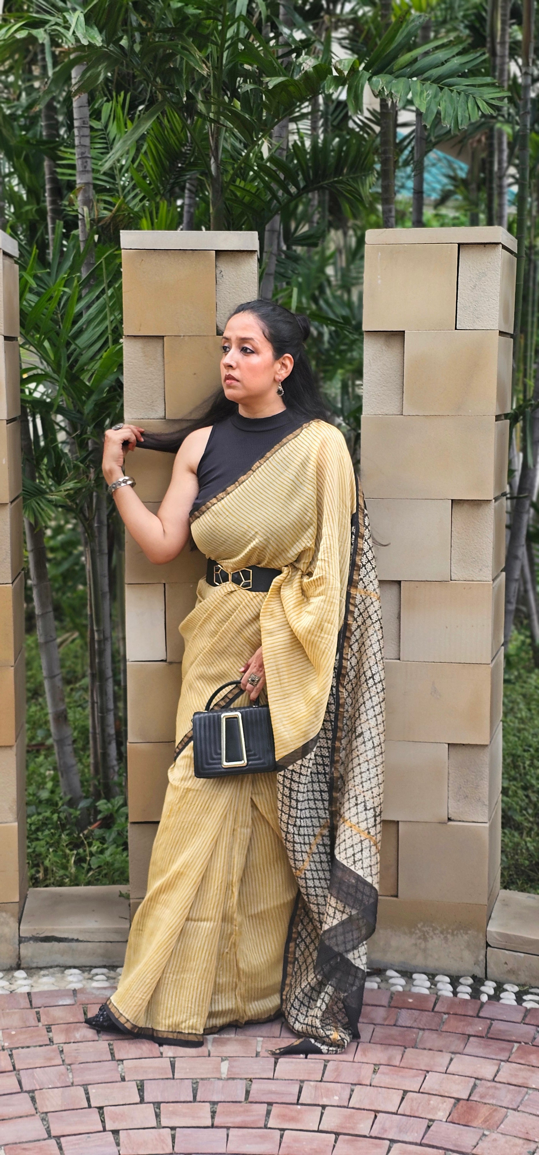 Yellow and black stripes handblock chanderi saree