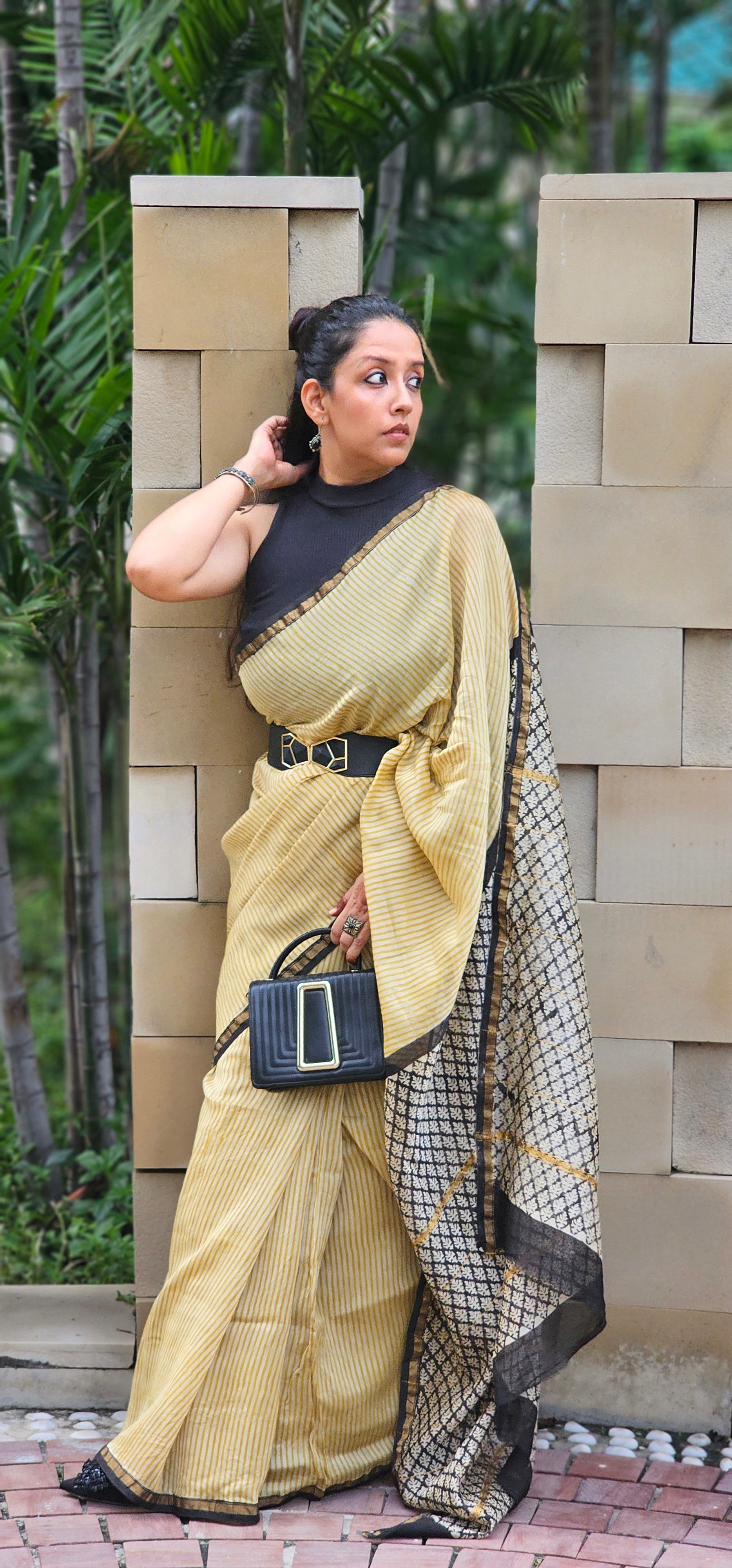 Yellow and black stripes handblock chanderi saree