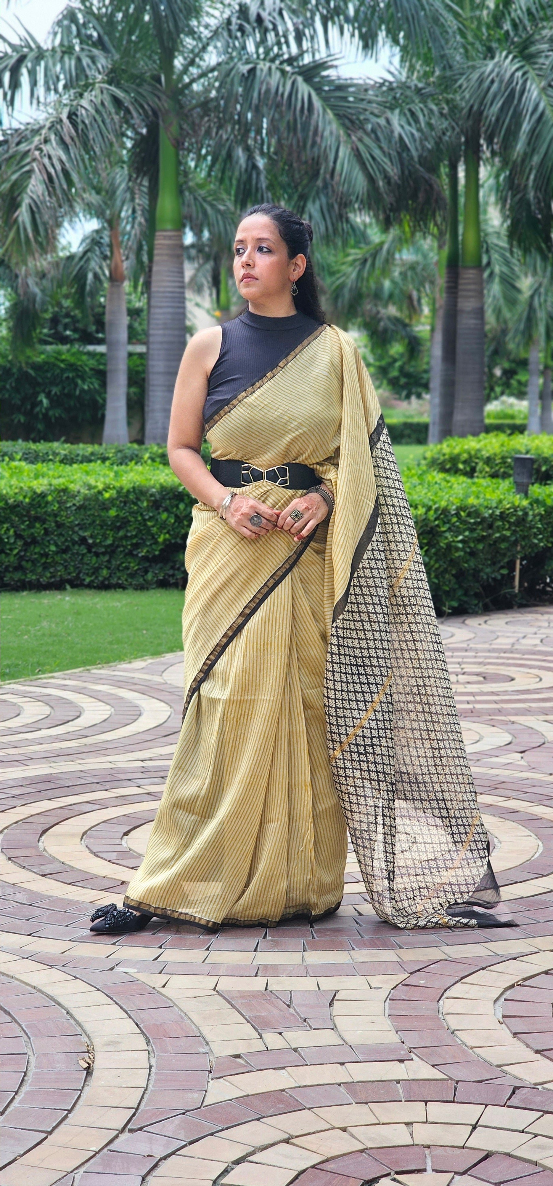 Yellow and black stripes handblock chanderi saree