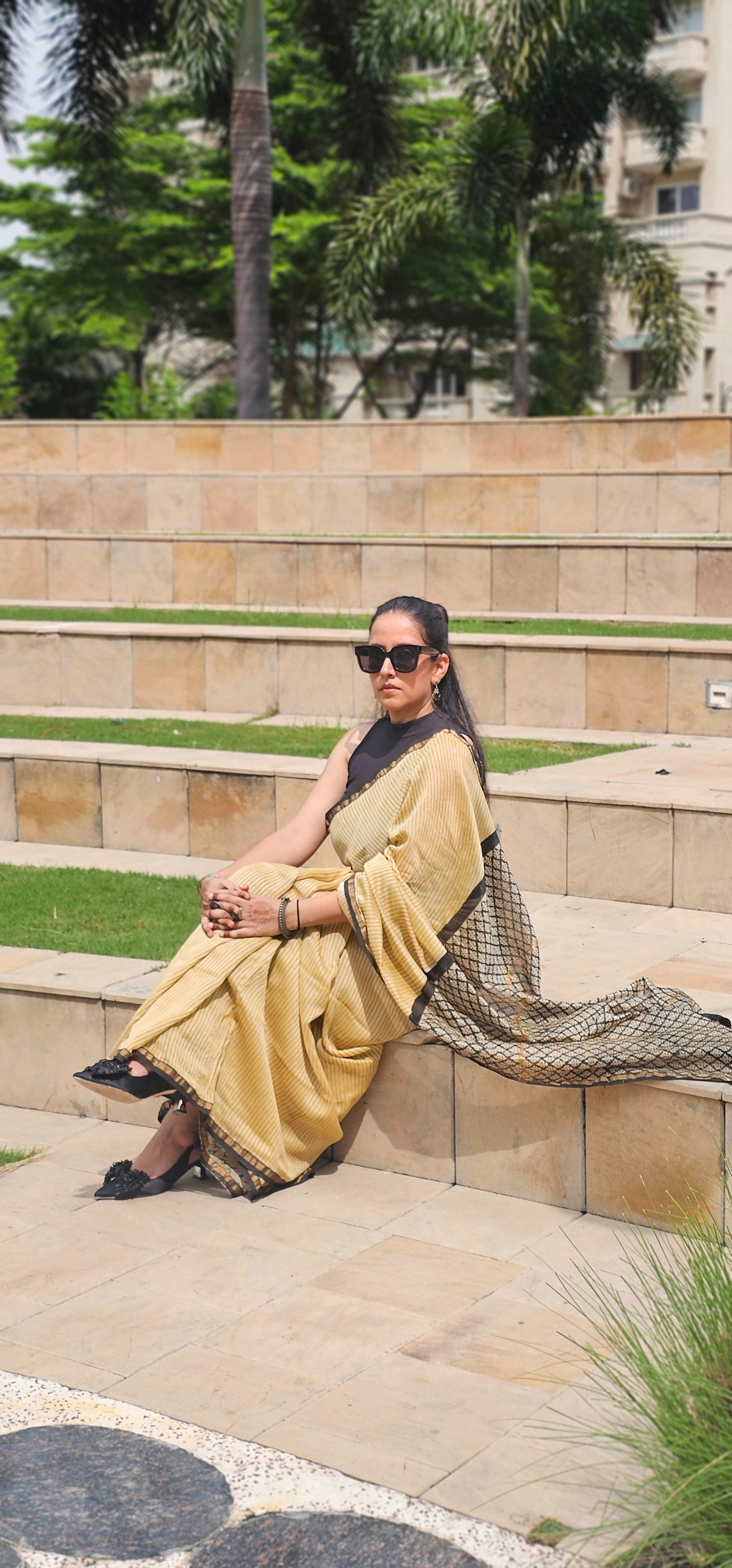Yellow and black stripes handblock chanderi saree