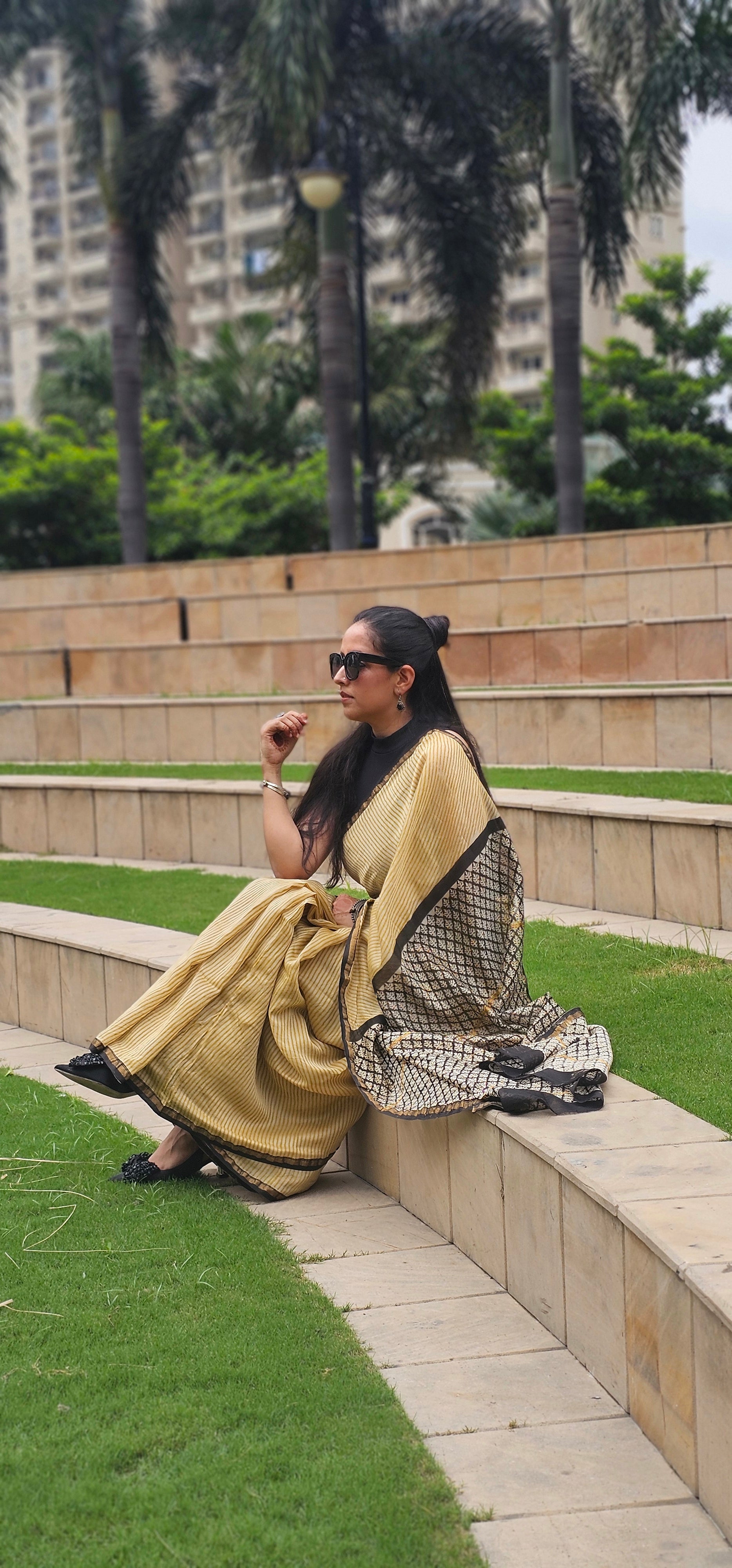 Yellow and black stripes handblock chanderi saree