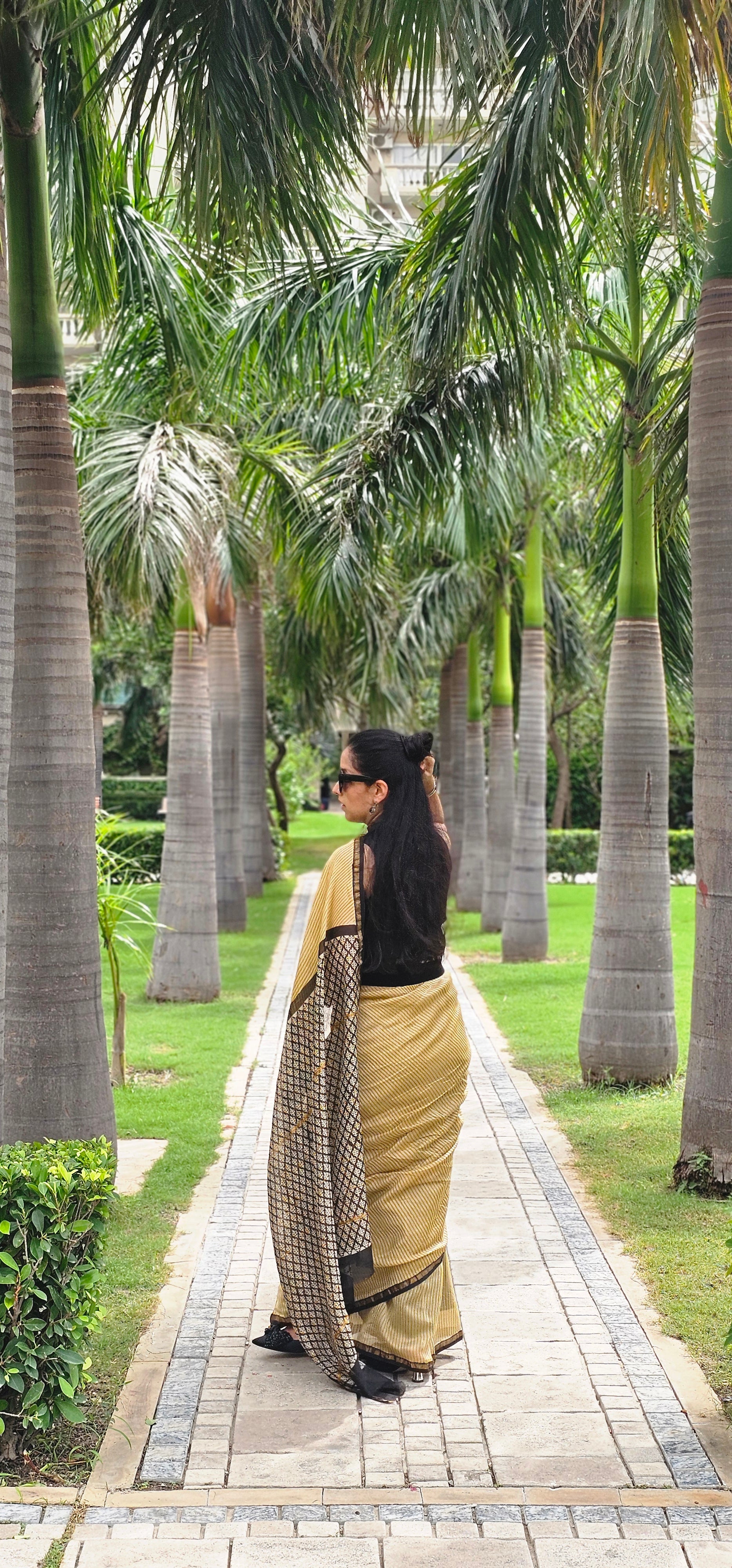 Yellow and black stripes handblock chanderi saree