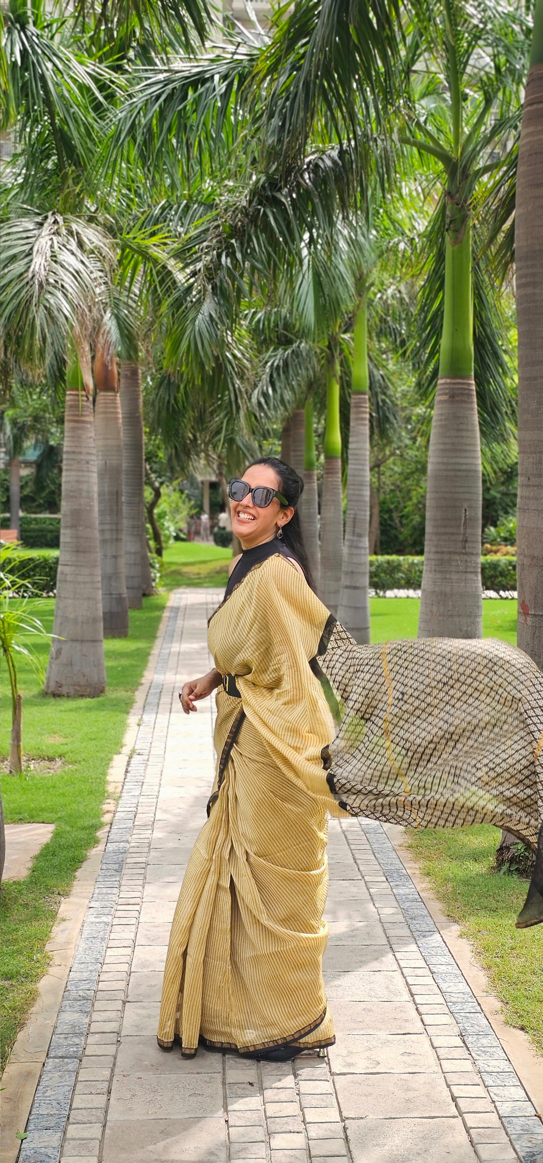 Yellow and black stripes handblock chanderi saree