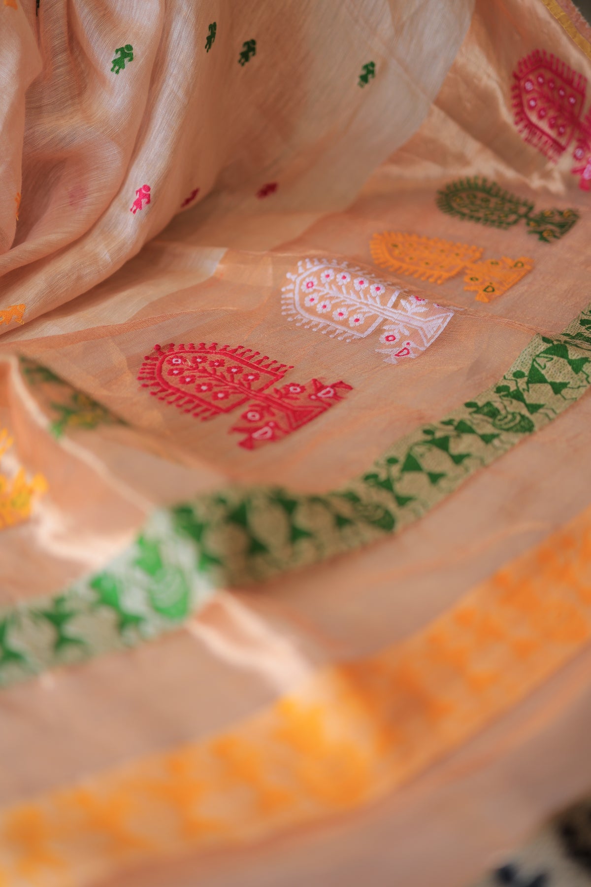 Blush Peach Madhubani Motif Silk Linen Saree