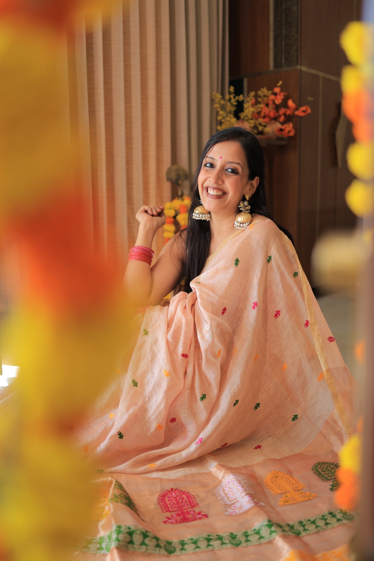 Blush Peach Madhubani Motif Silk Linen Saree