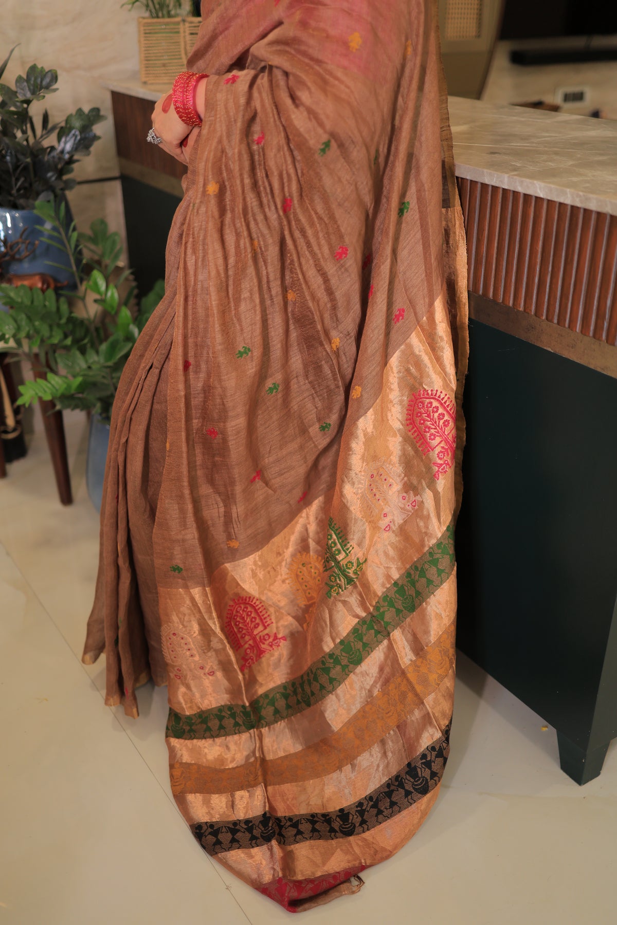 Mocha Brown Madhubani Motif Silk Linen Saree
