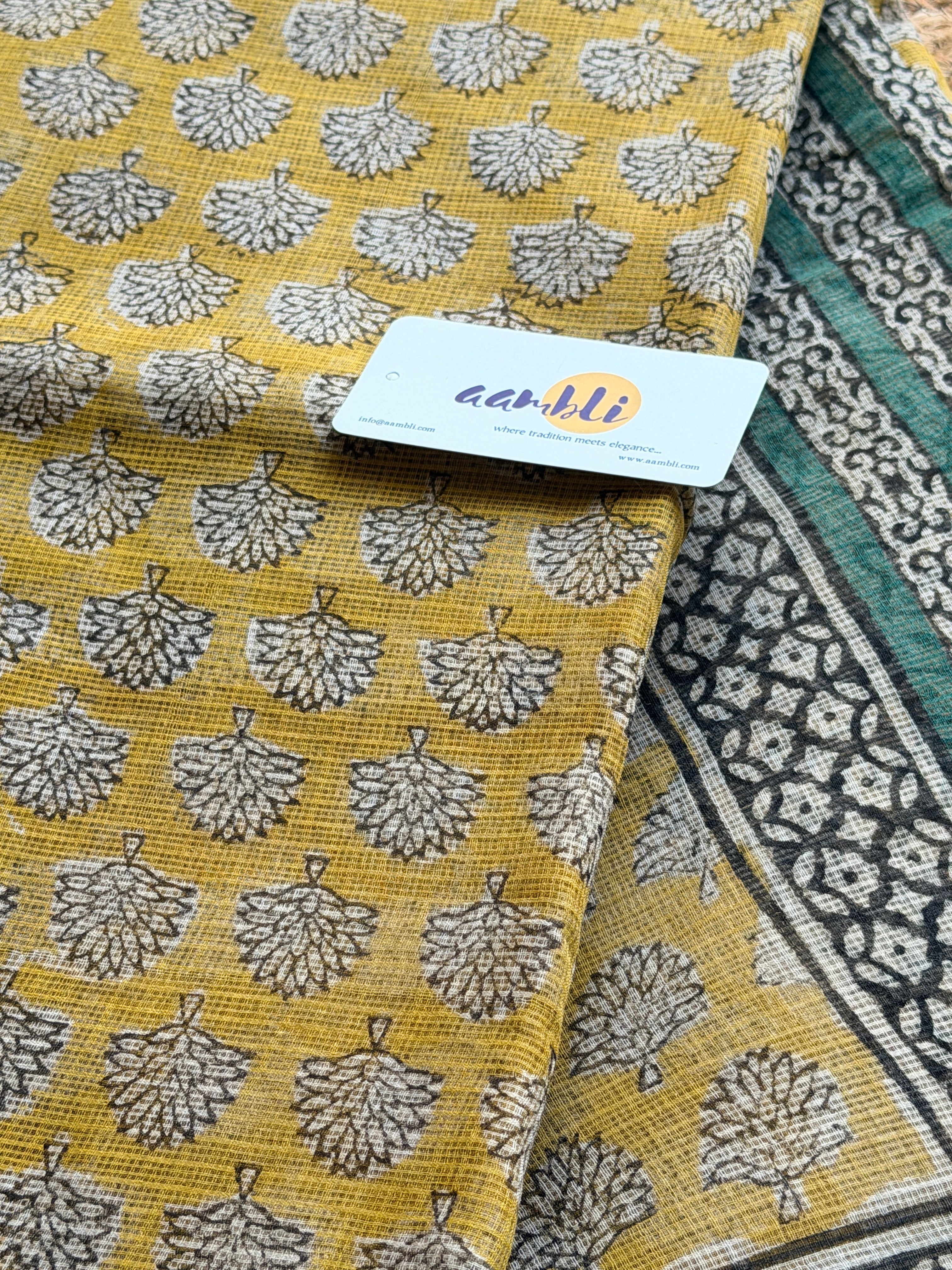Yellow Handblock Kota doria saree