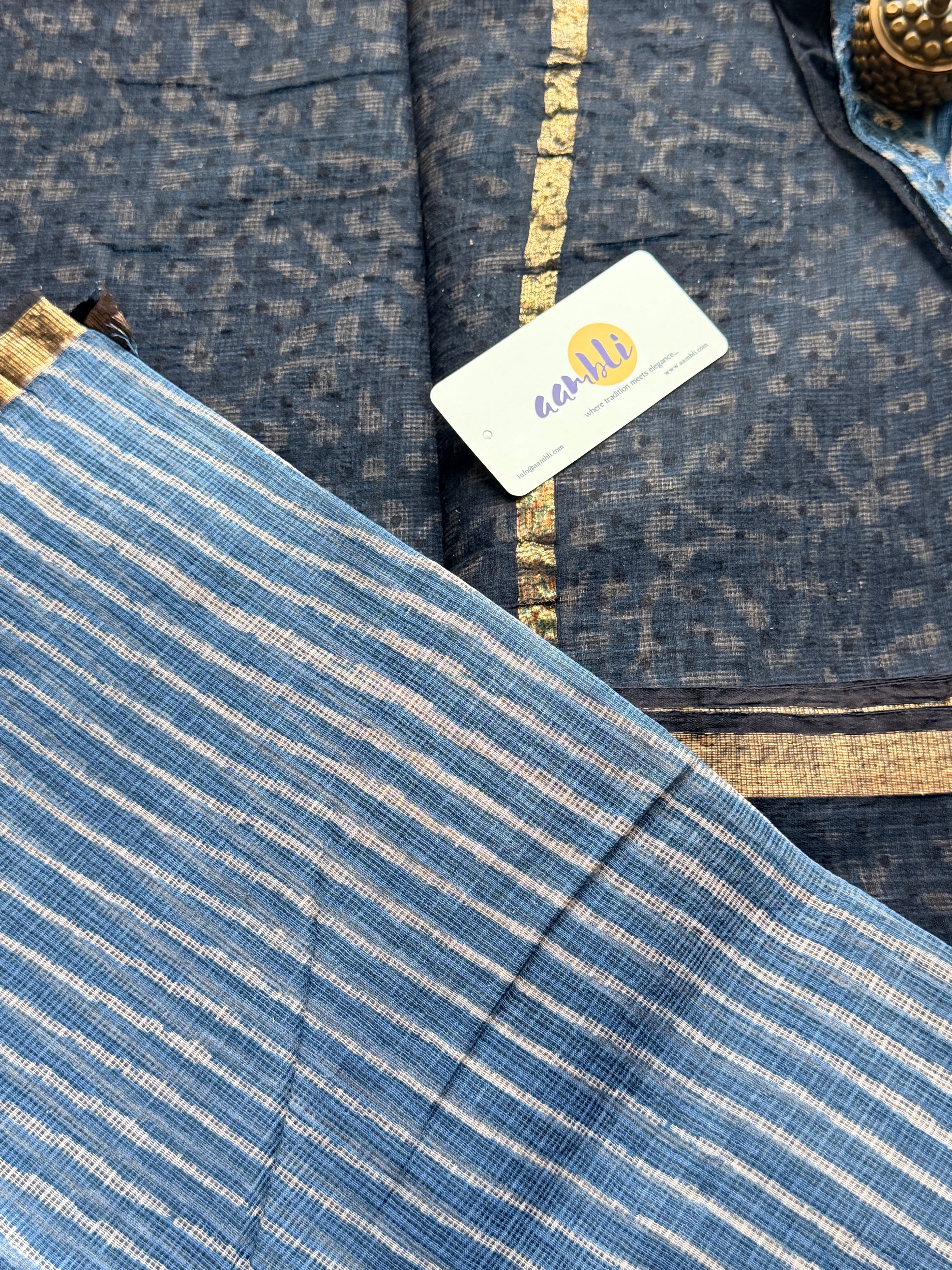 Indigo stripes Handblock Kota Doria Saree
