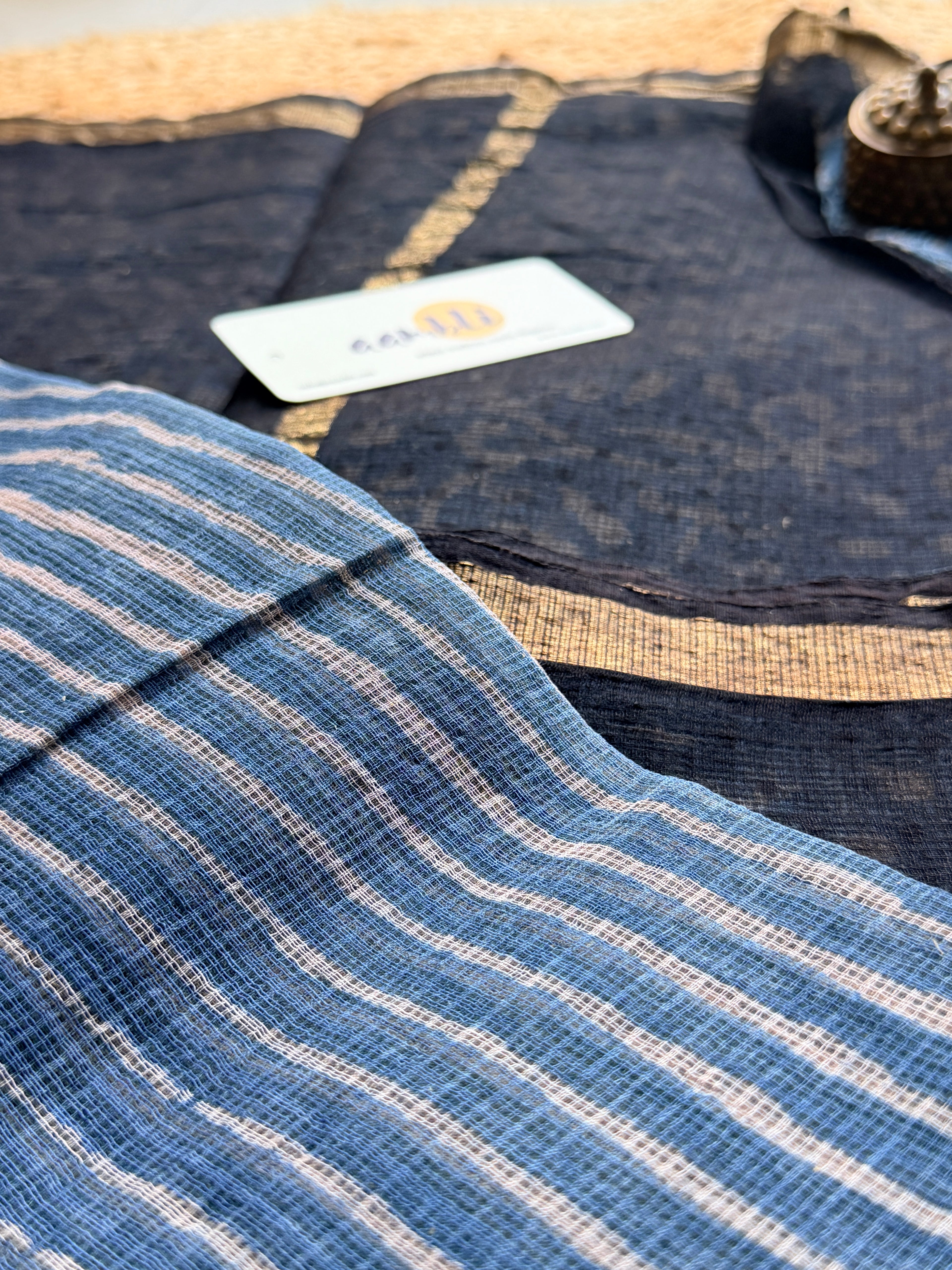 Indigo stripes Handblock Kota Doria Saree