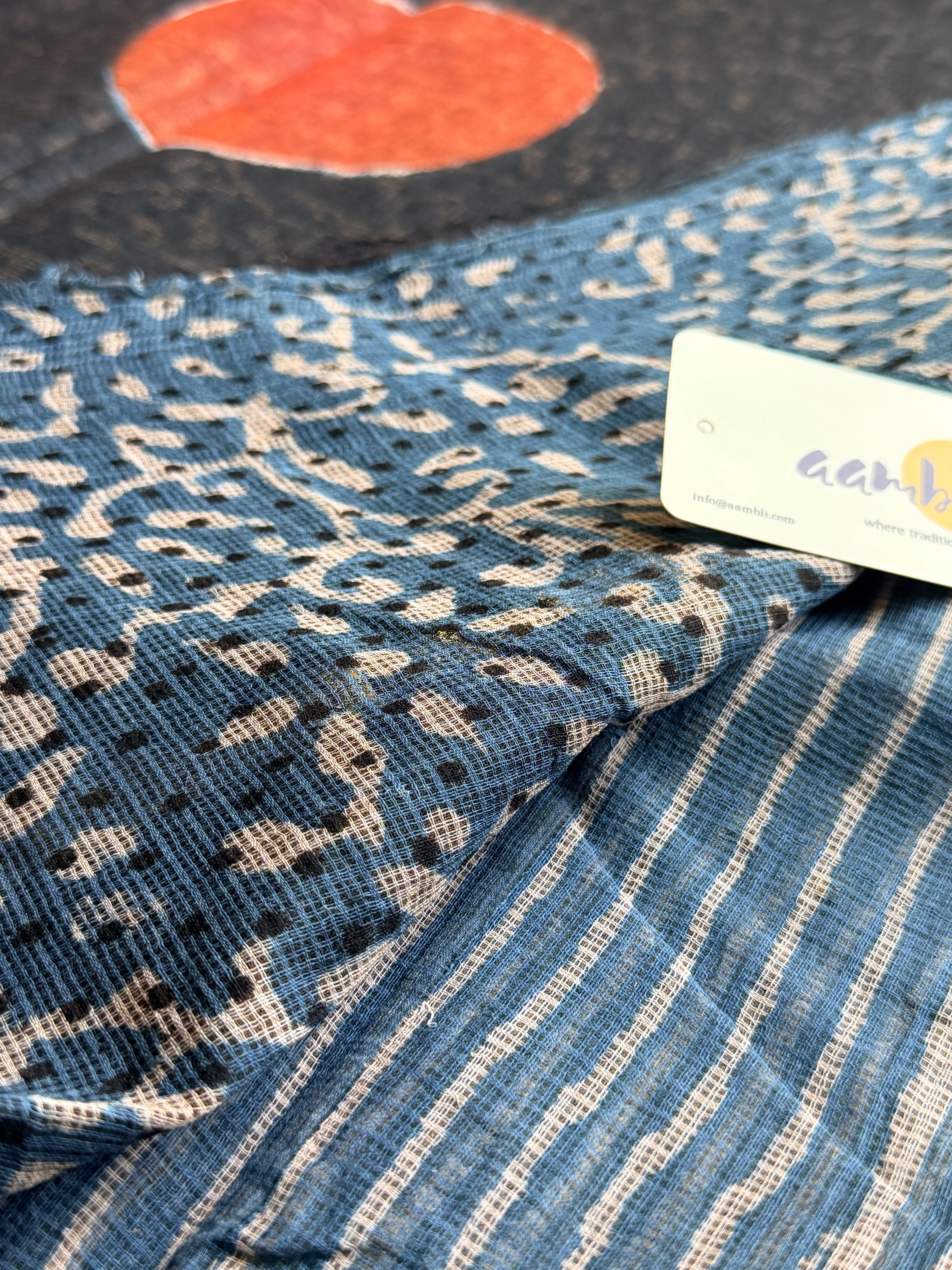 Indigo stripes Handblock Kota Doria Saree