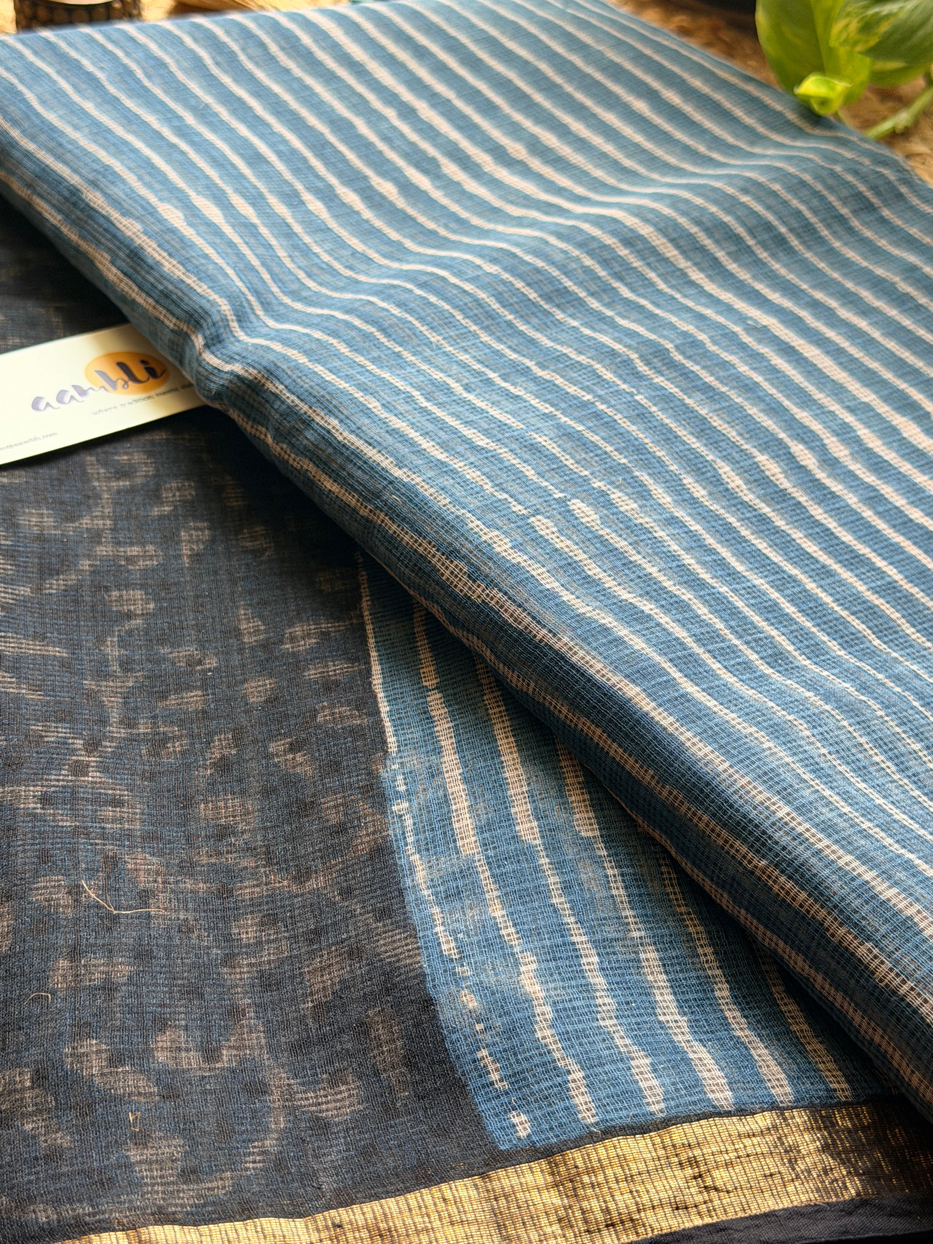 Indigo stripes Handblock Kota Doria Saree