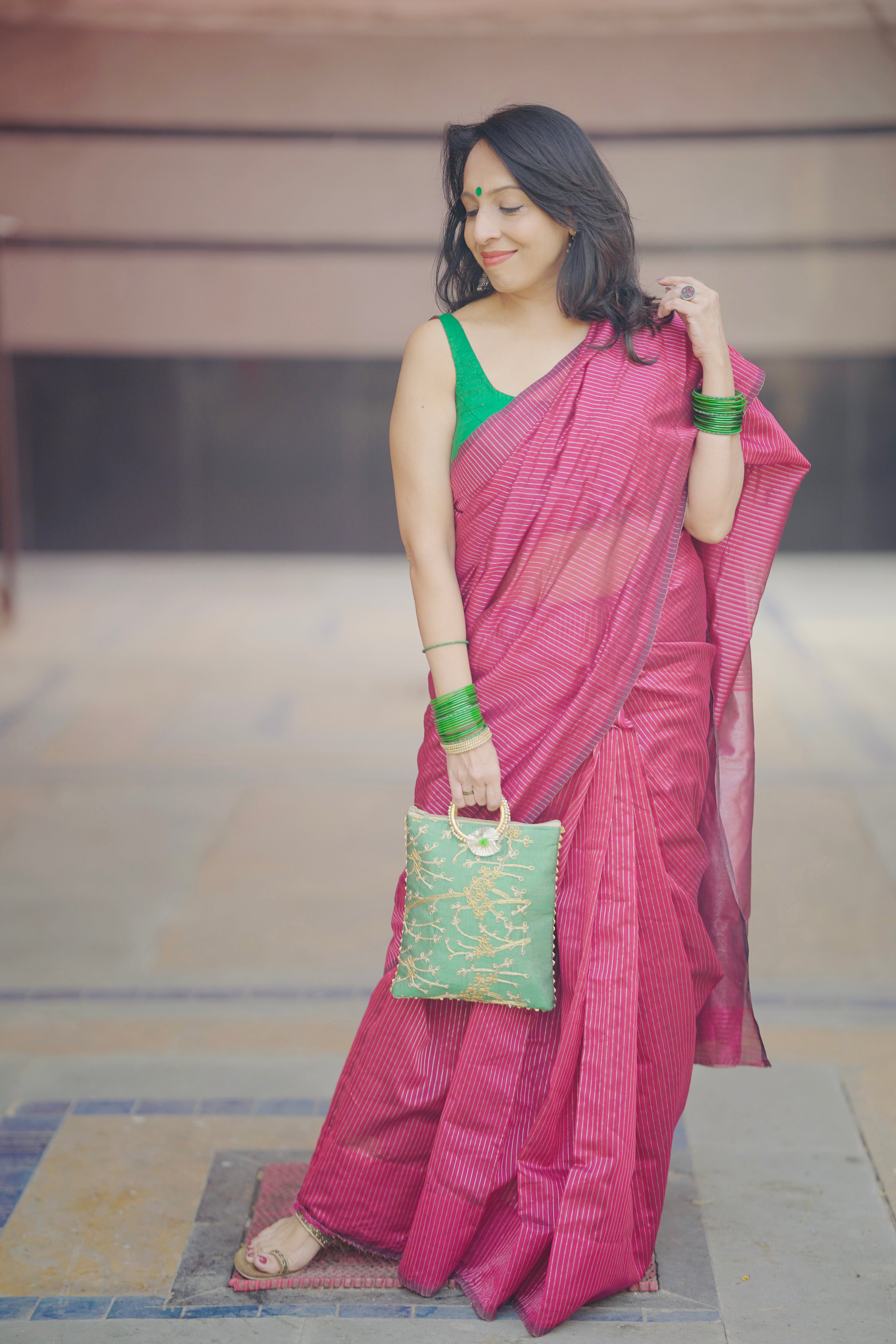Pink Chanderi Handloom Saree with Zari Stripes