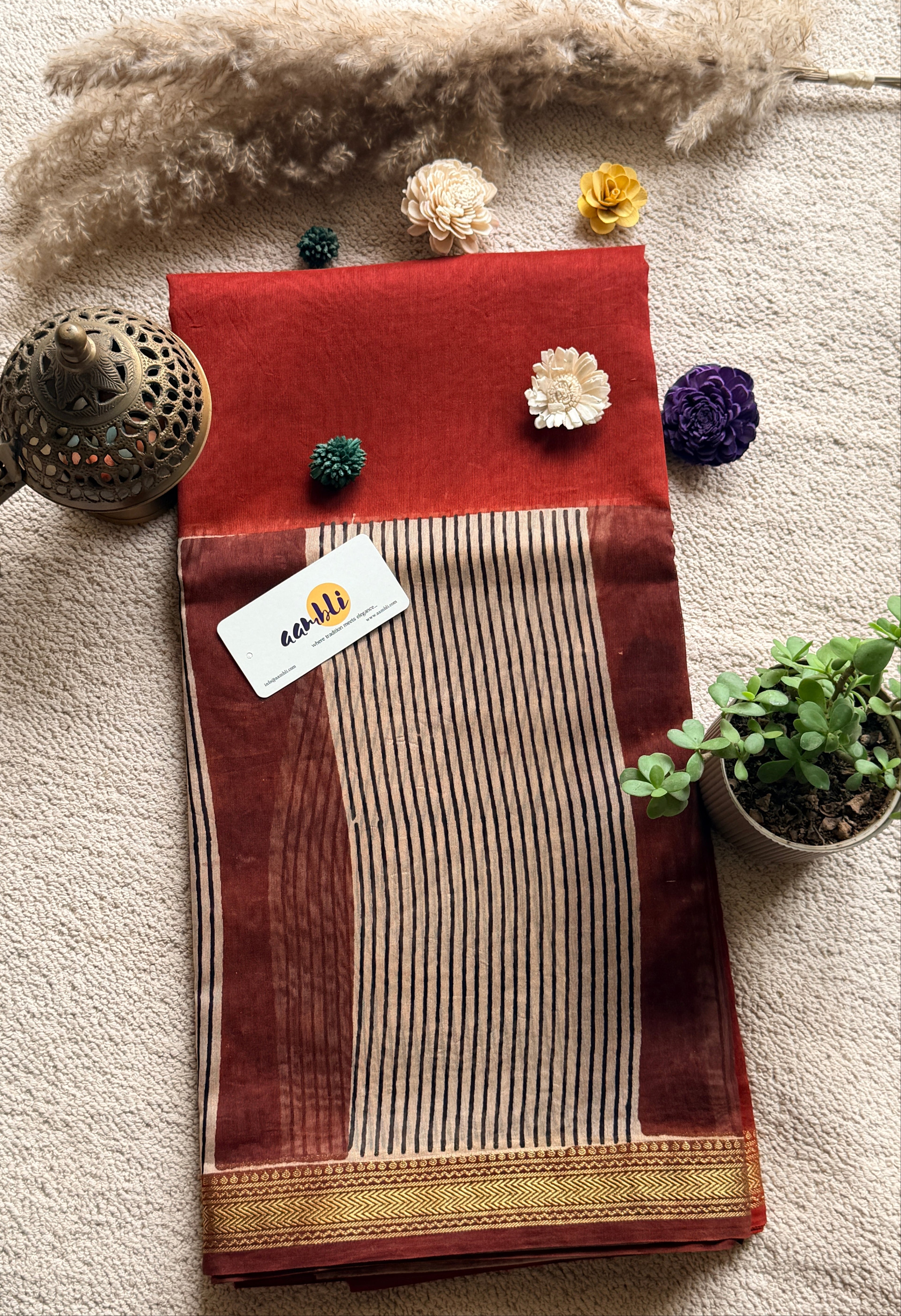 Rust stripes Handblock Maheshwari silk saree