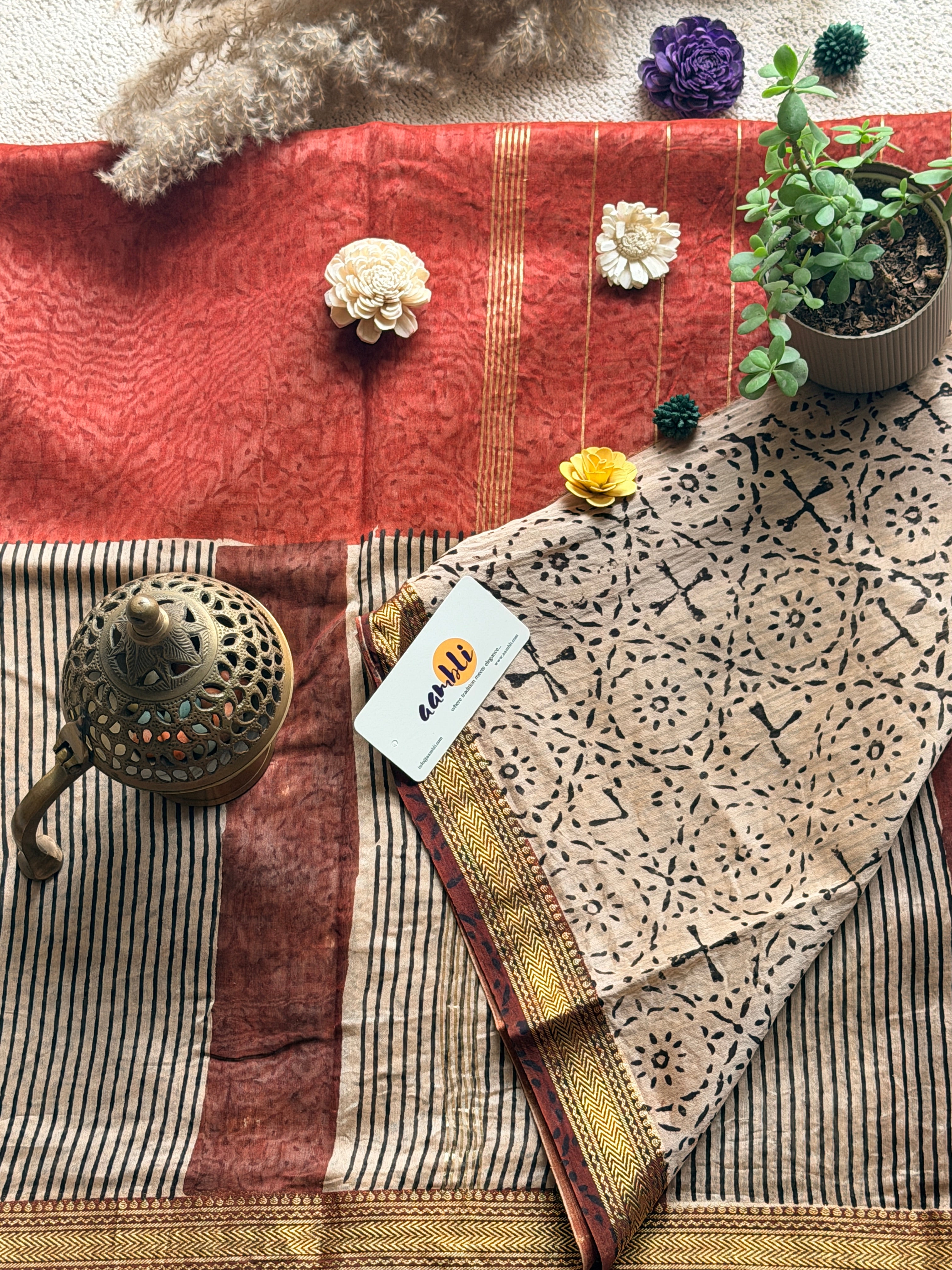 Rust stripes Handblock Maheshwari silk saree