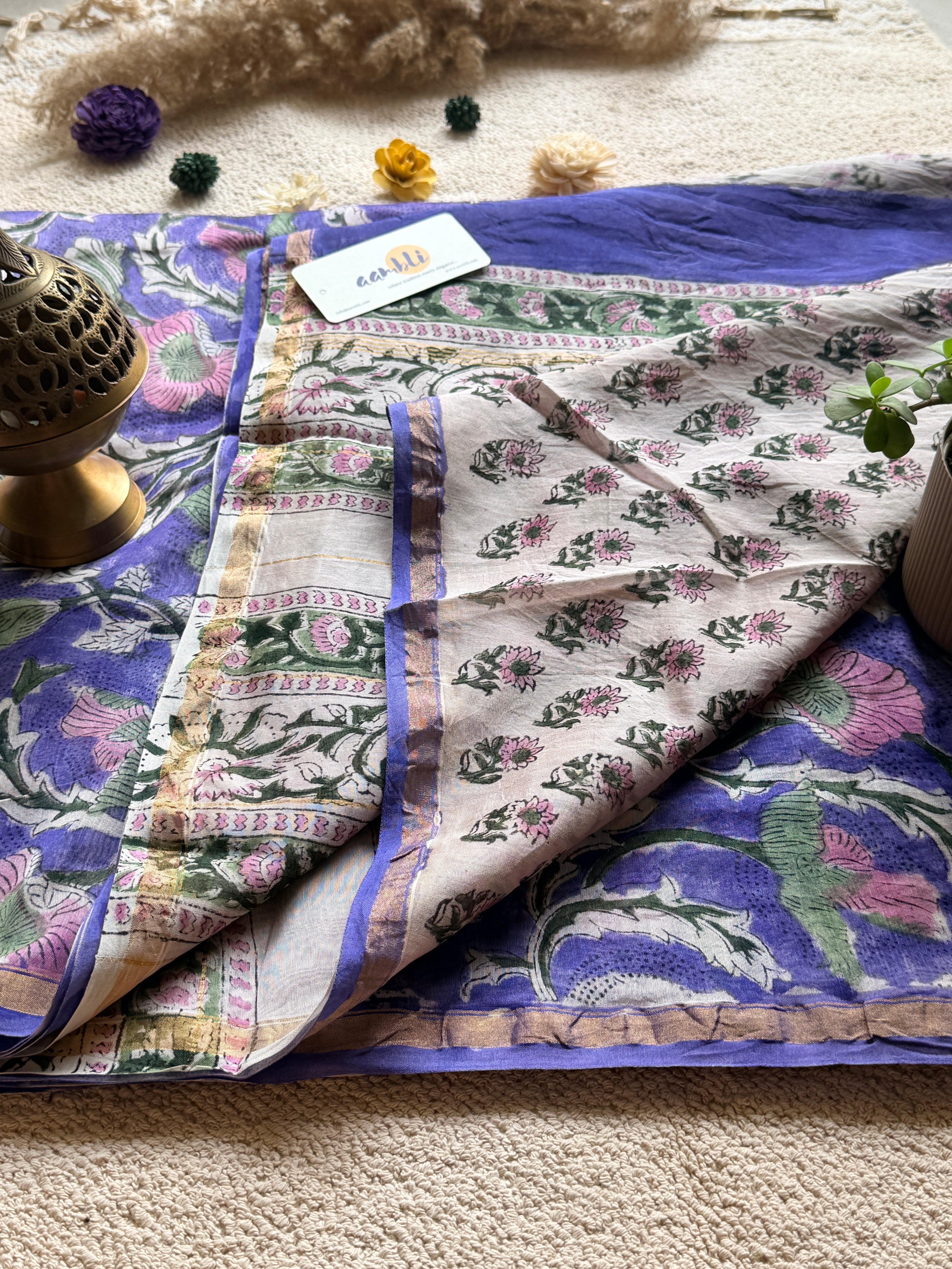 Purple Flower Handblock Chanderi Silk saree