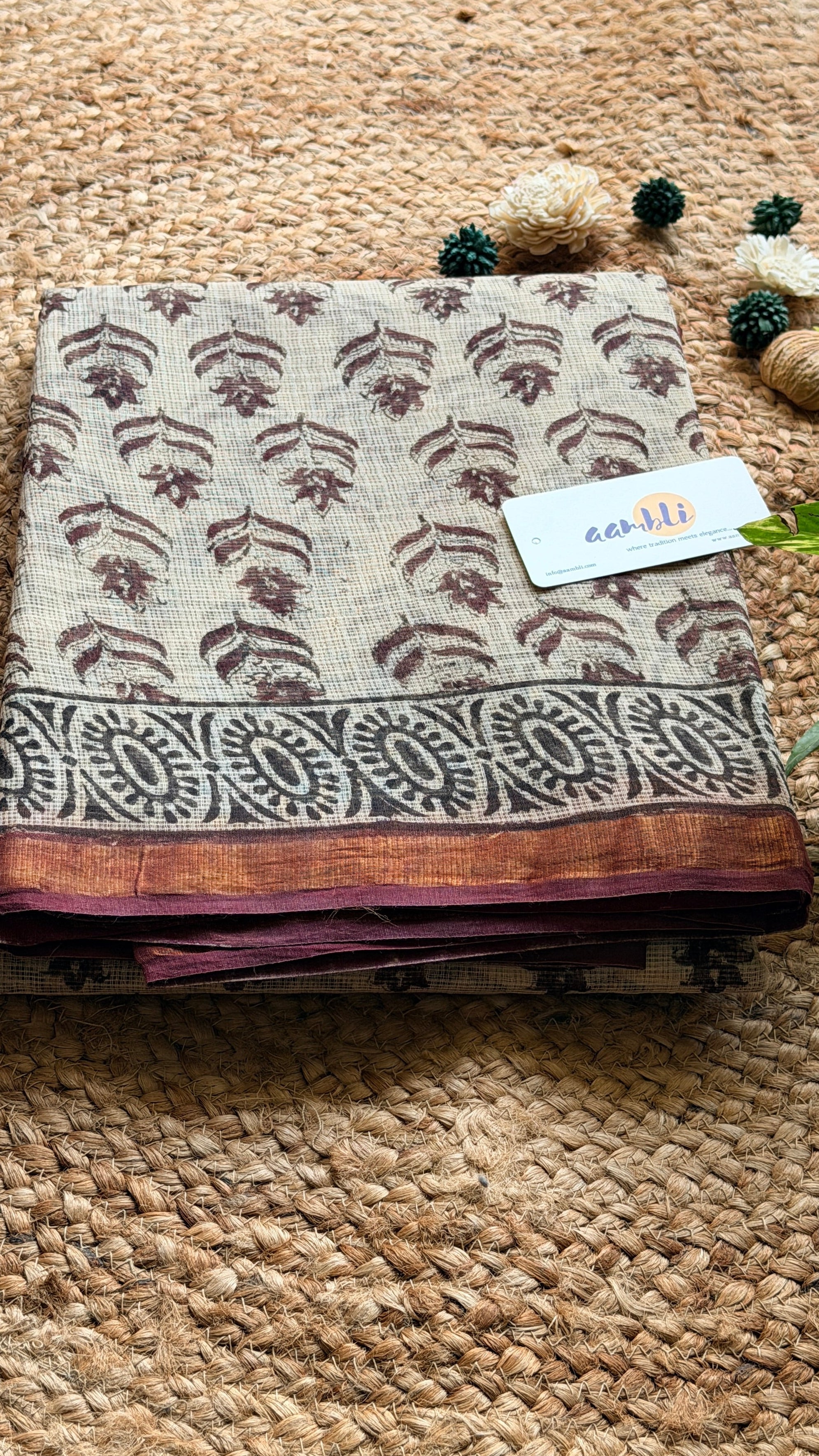 Beige Handblock kota doria saree