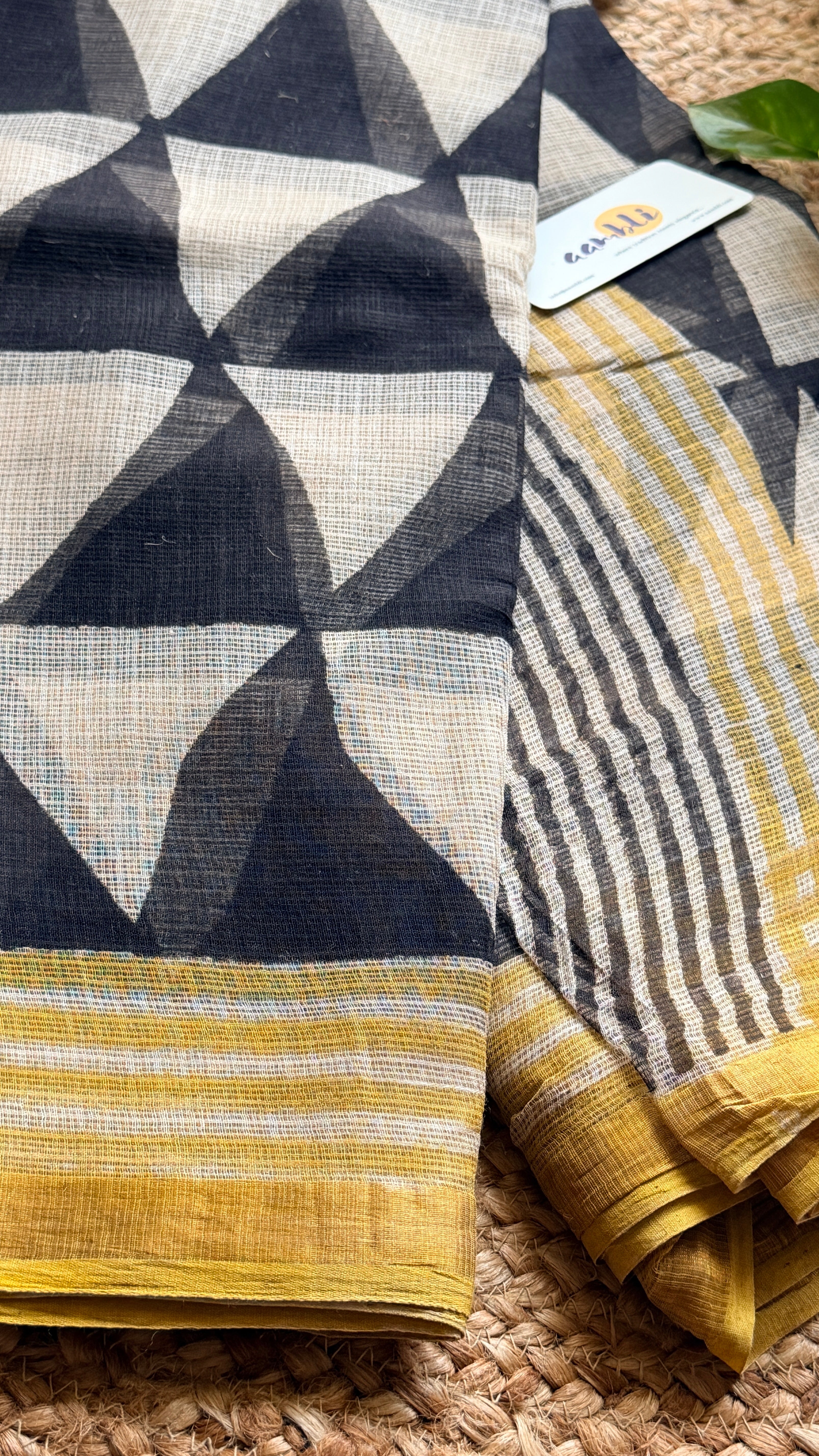 Black and white geometric handblock kota doria saree