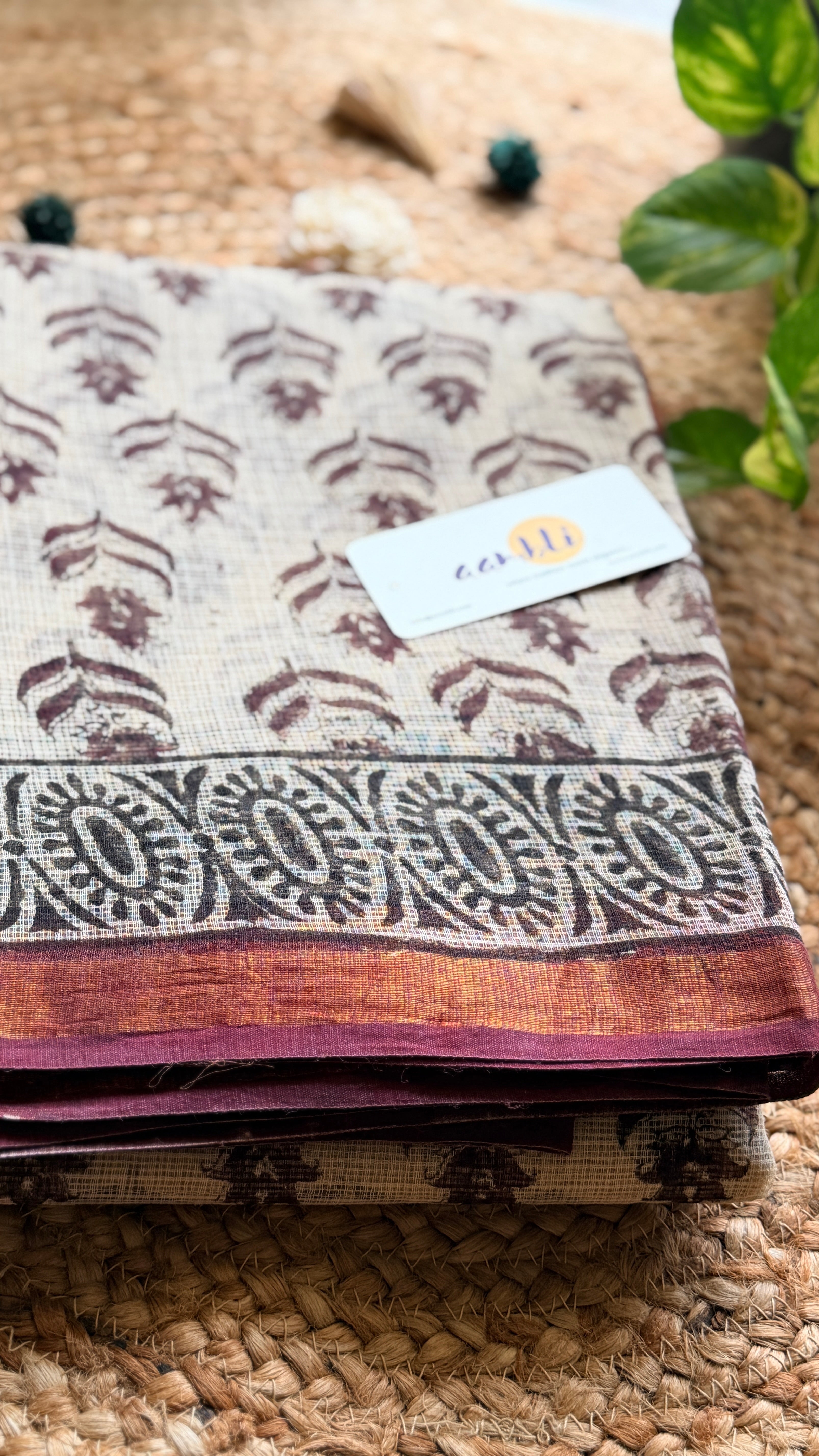 Beige Handblock kota doria saree