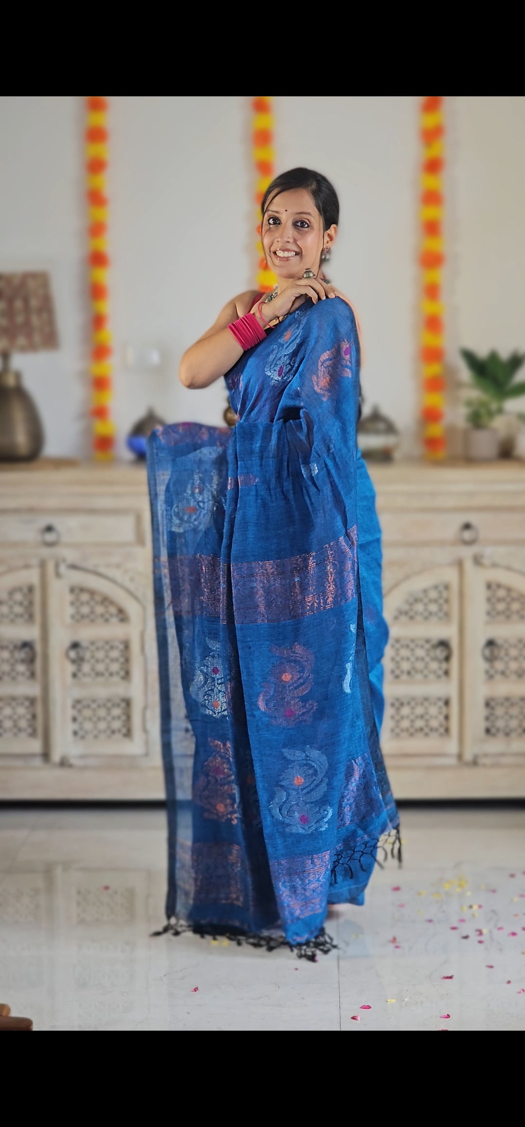 Blue flower pure handwoven linen saree with zari flowers