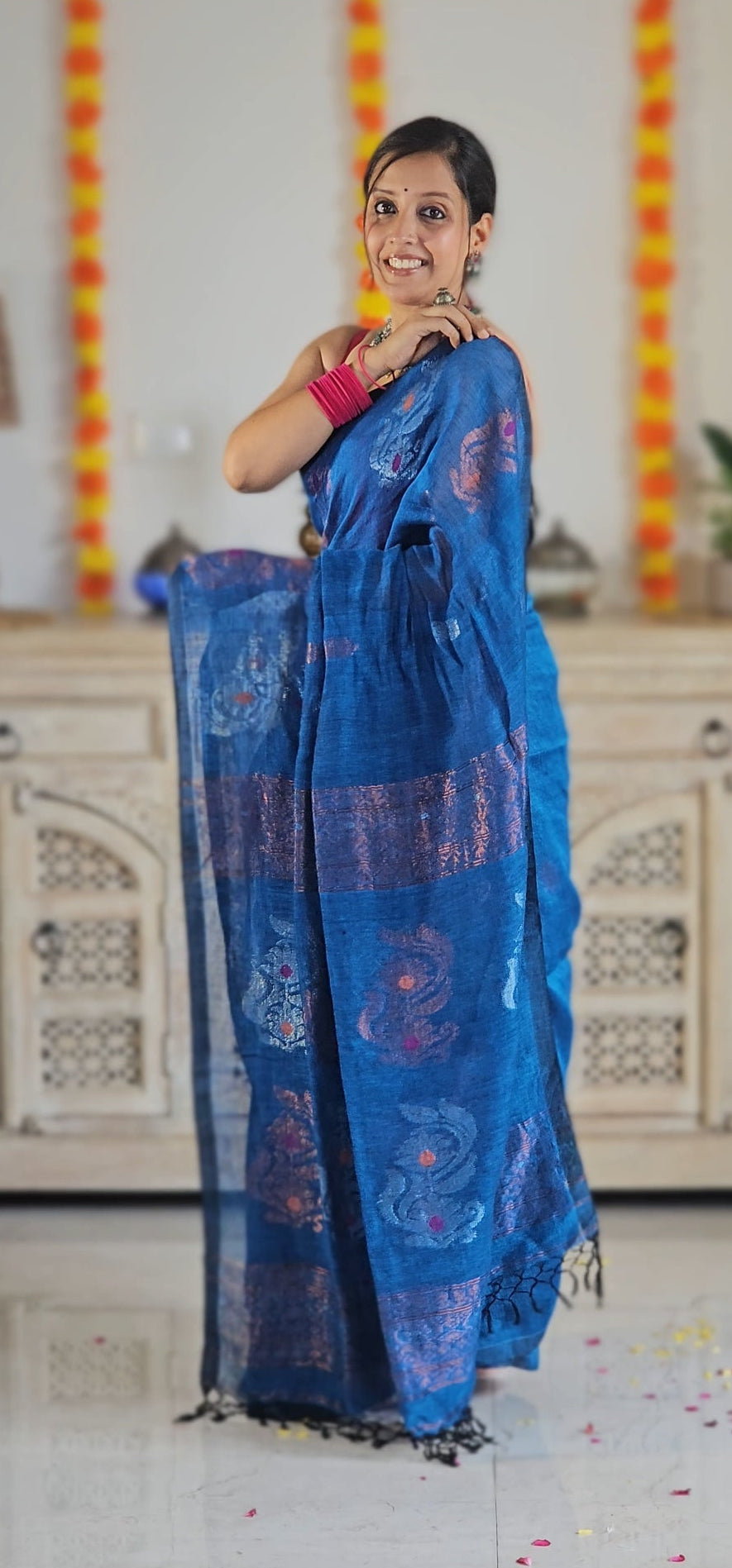 Blue flower pure handwoven linen saree with zari flowers
