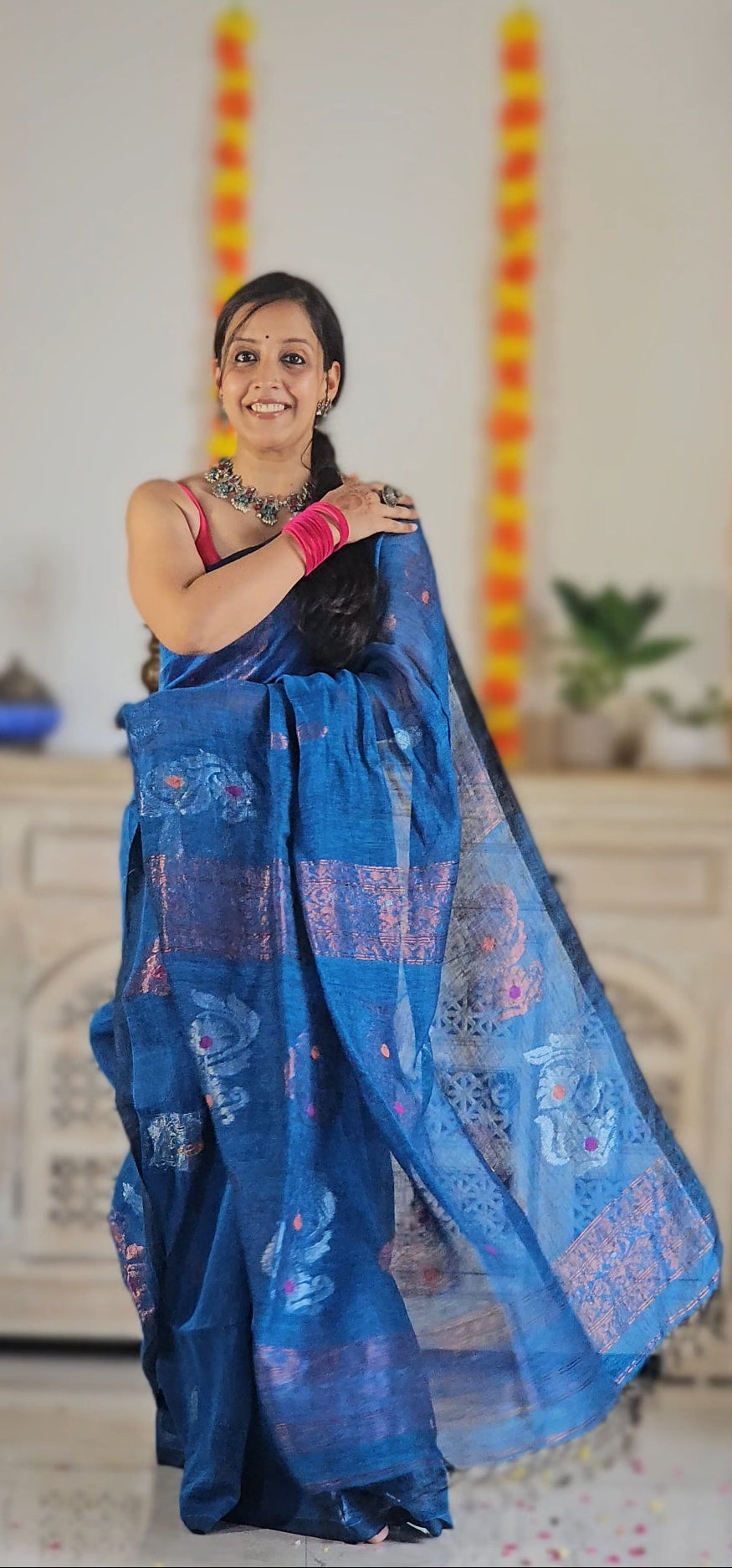 Blue flower pure handwoven linen saree with zari flowers