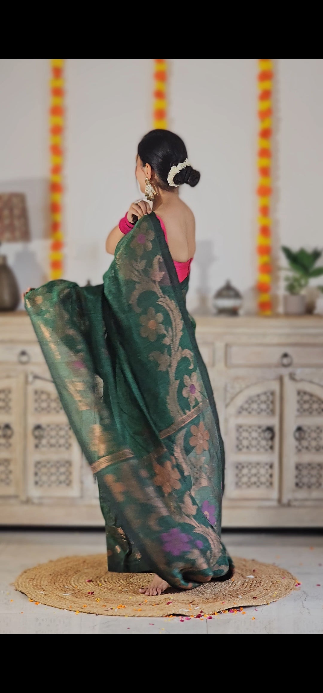 Green flower pure handwoven linen saree with zari flowers