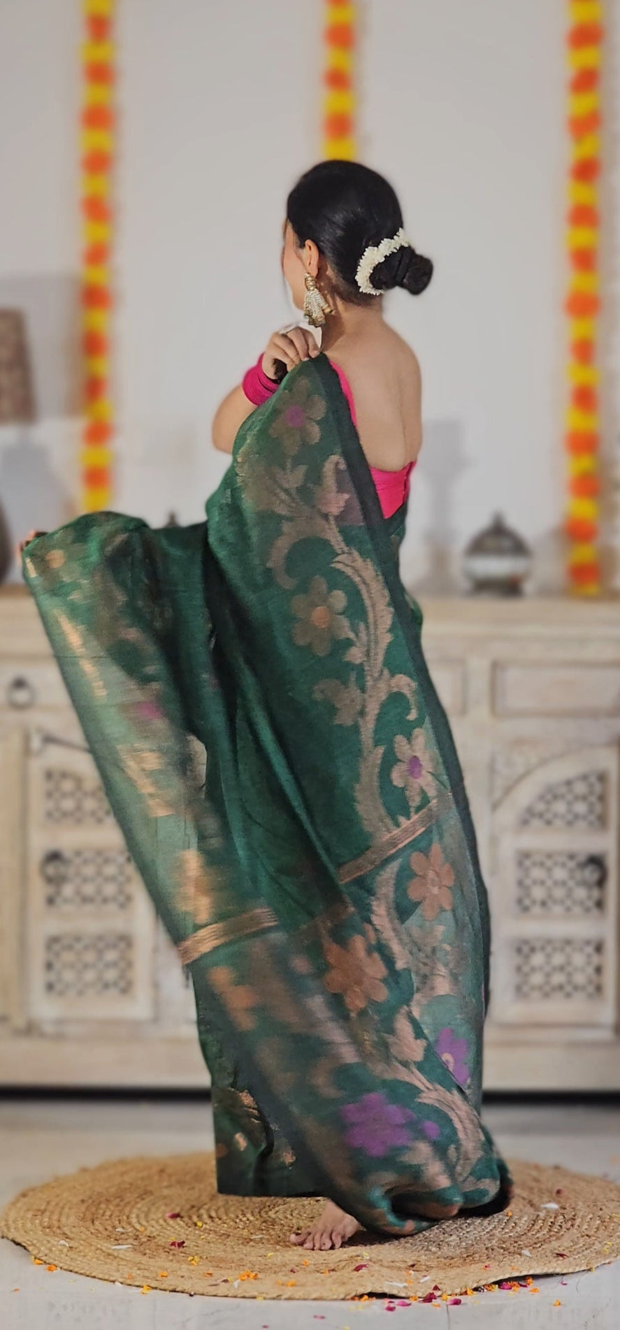 Green flower pure handwoven linen saree with zari flowers