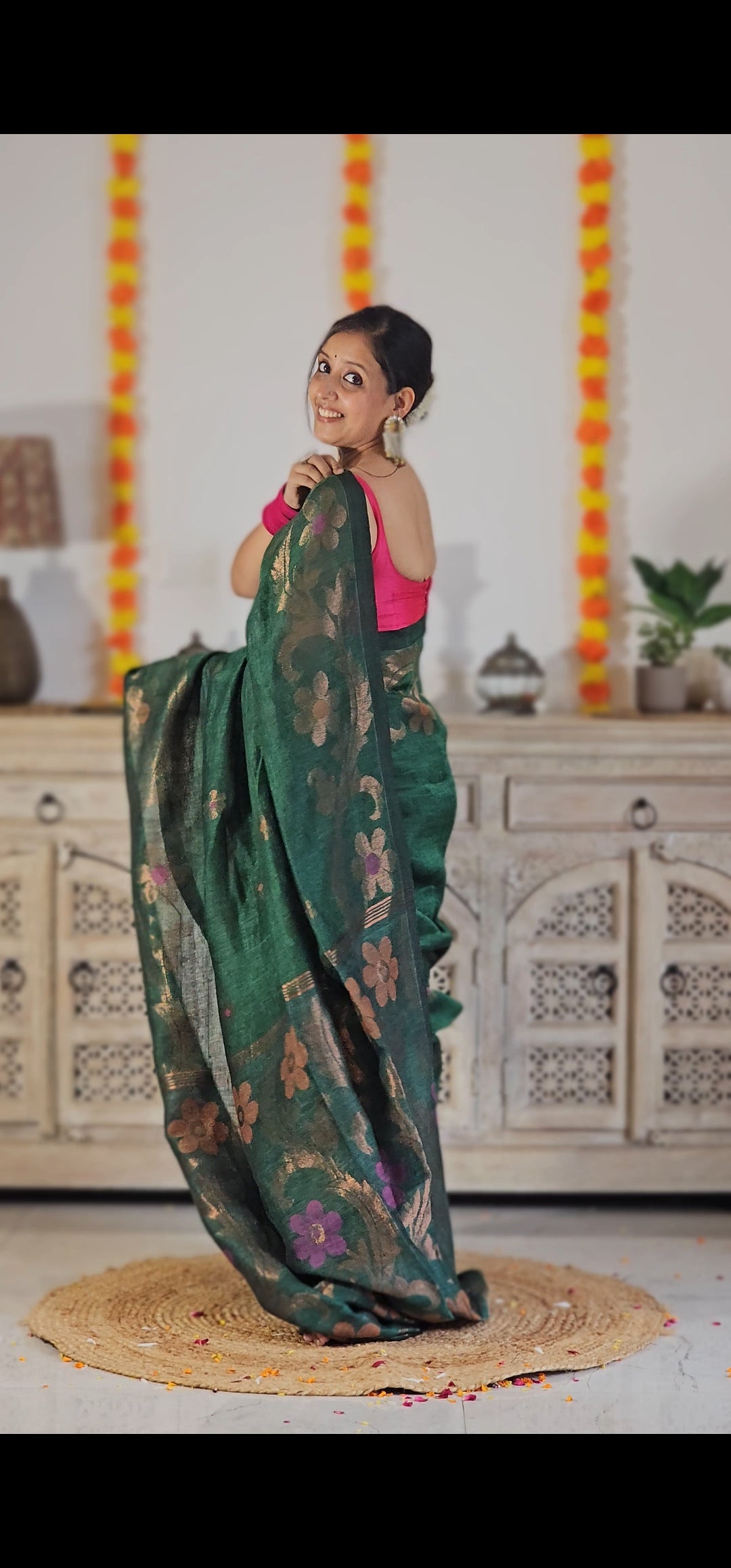 Green flower pure handwoven linen saree with zari flowers
