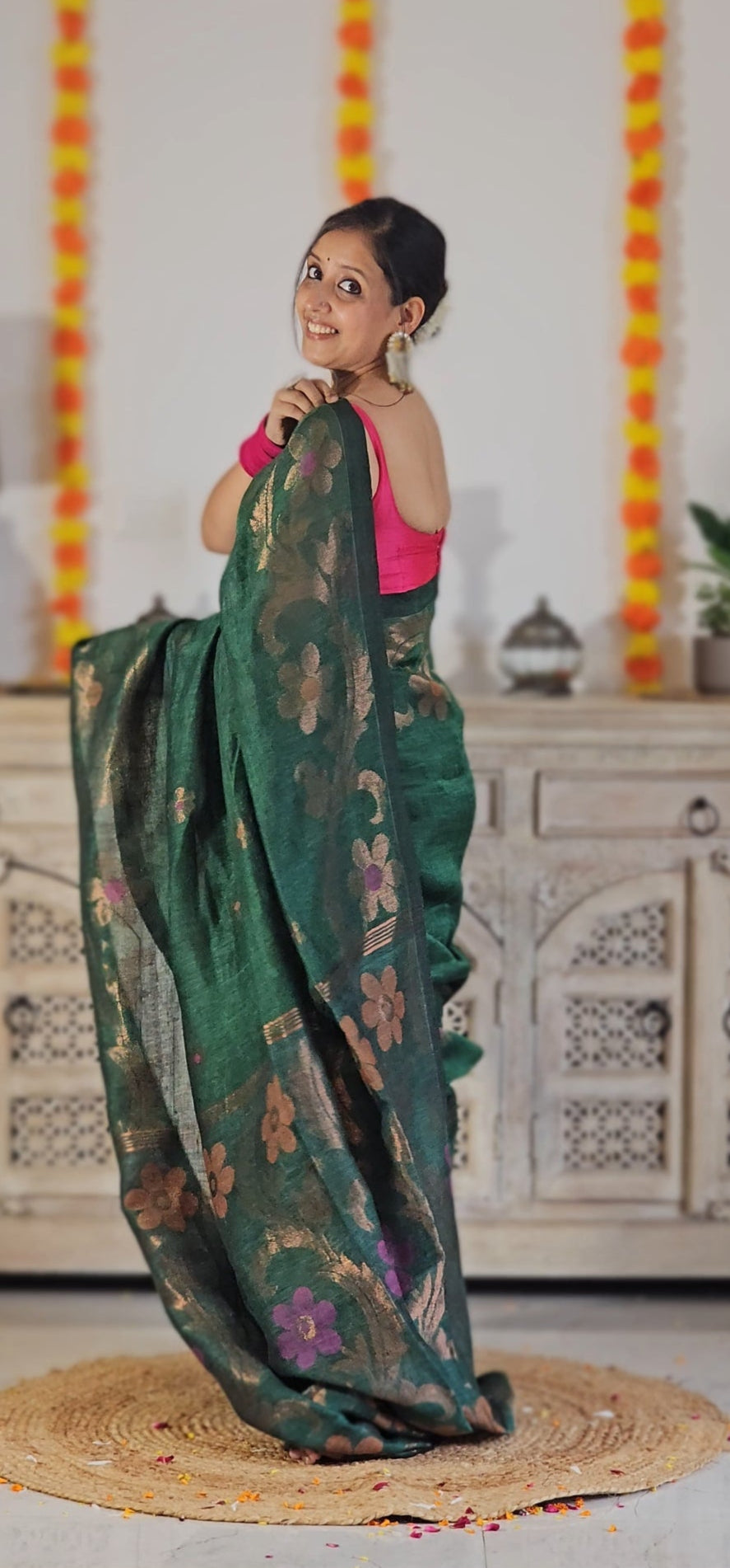 Green flower pure handwoven linen saree with zari flowers