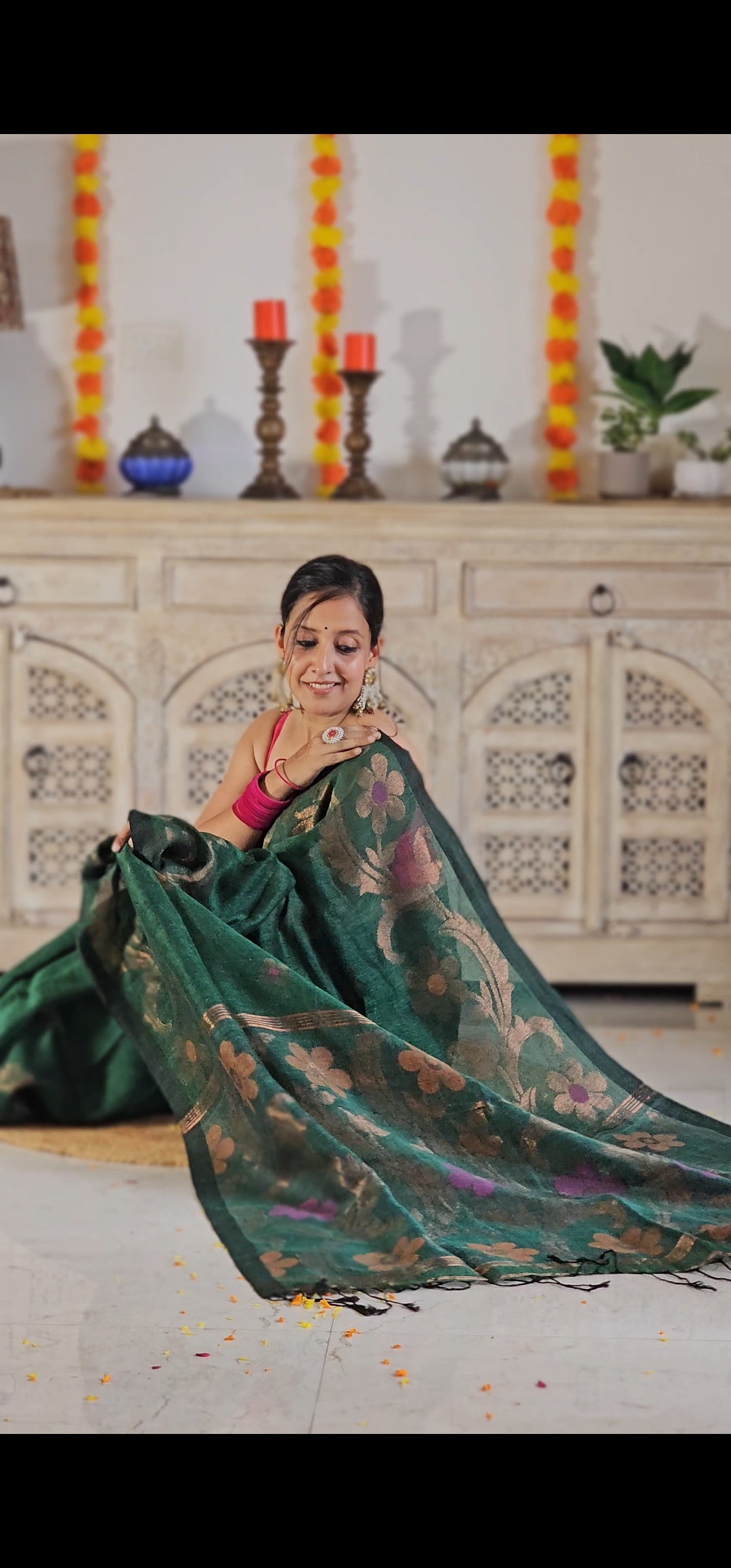 Green flower pure handwoven linen saree with zari flowers