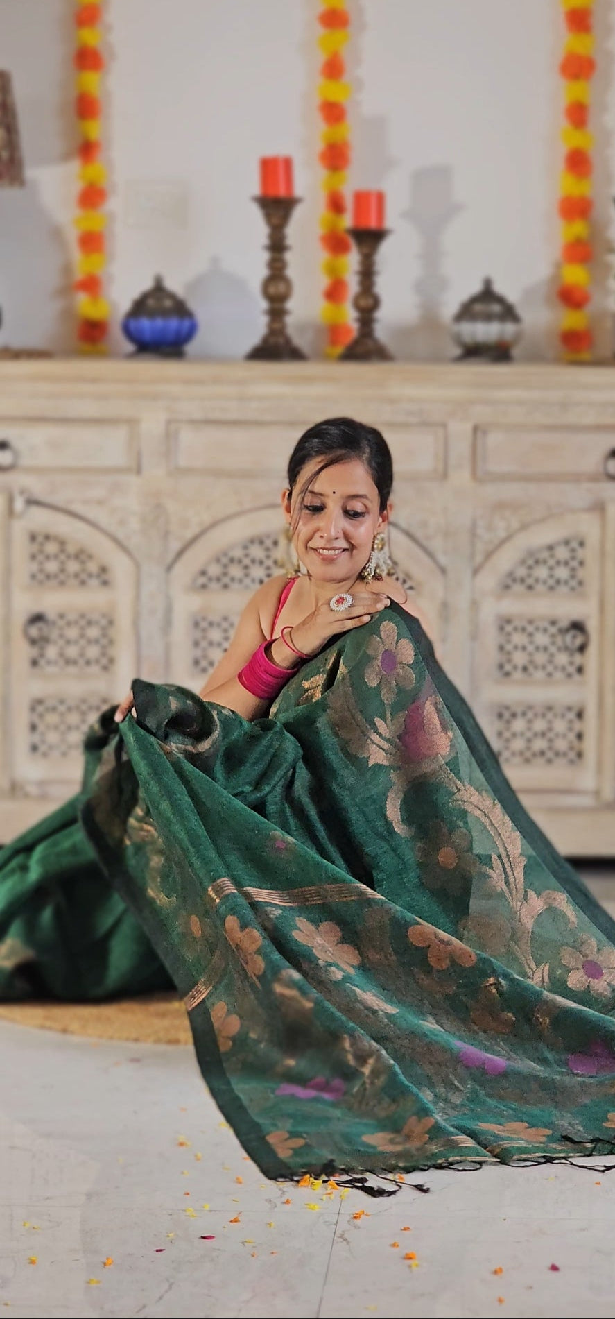 Green flower pure handwoven linen saree with zari flowers