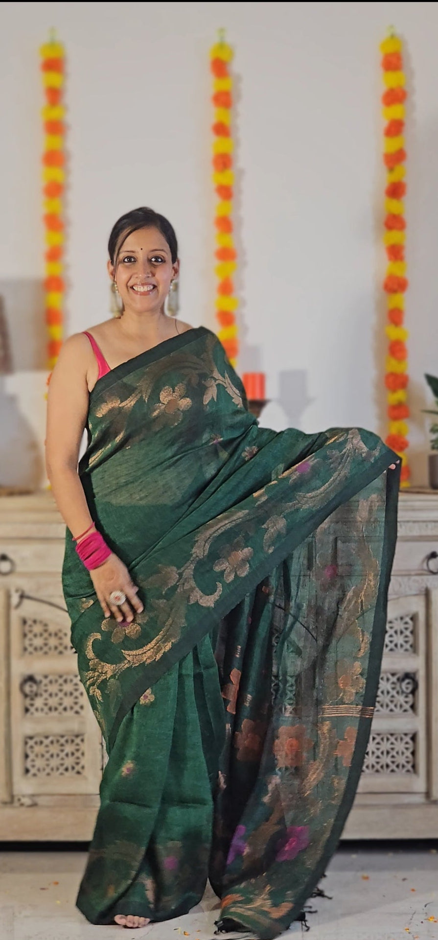 Green flower pure handwoven linen saree with zari flowers