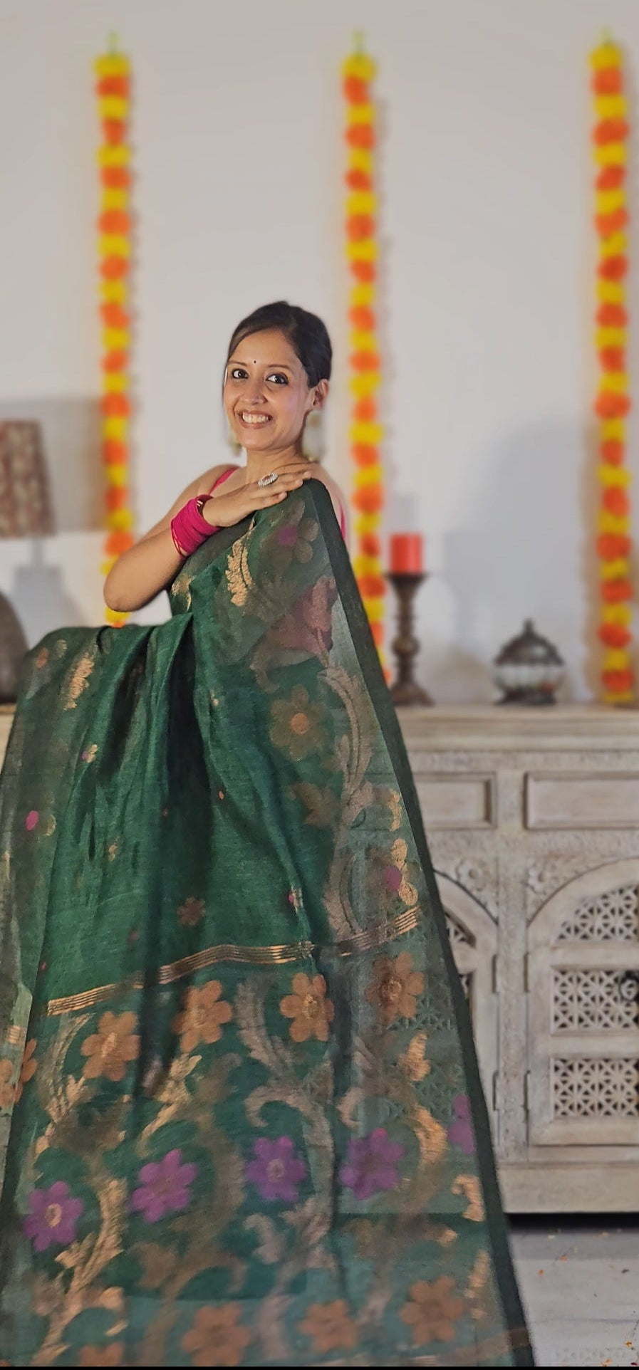 Green flower pure handwoven linen saree with zari flowers