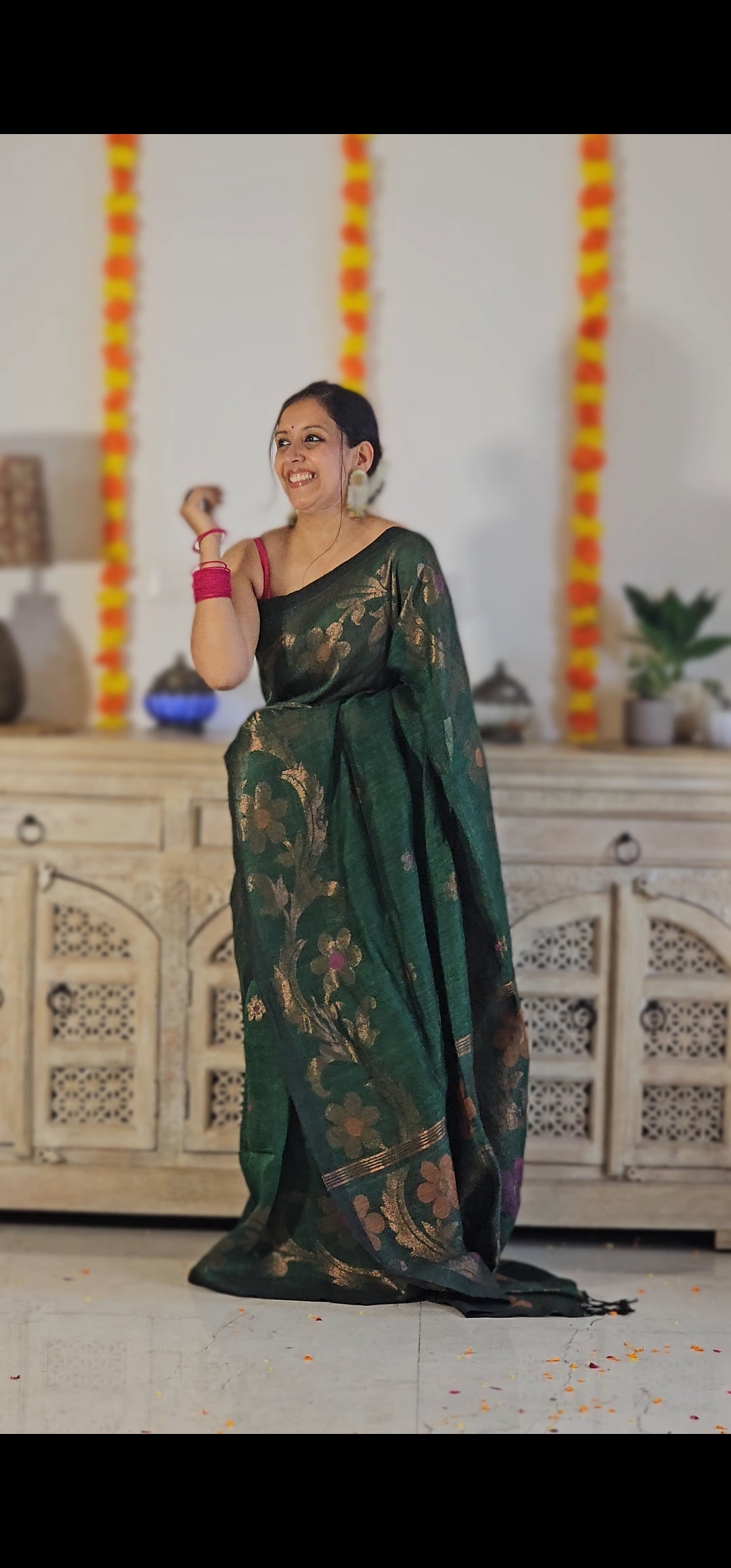 Green flower pure handwoven linen saree with zari flowers