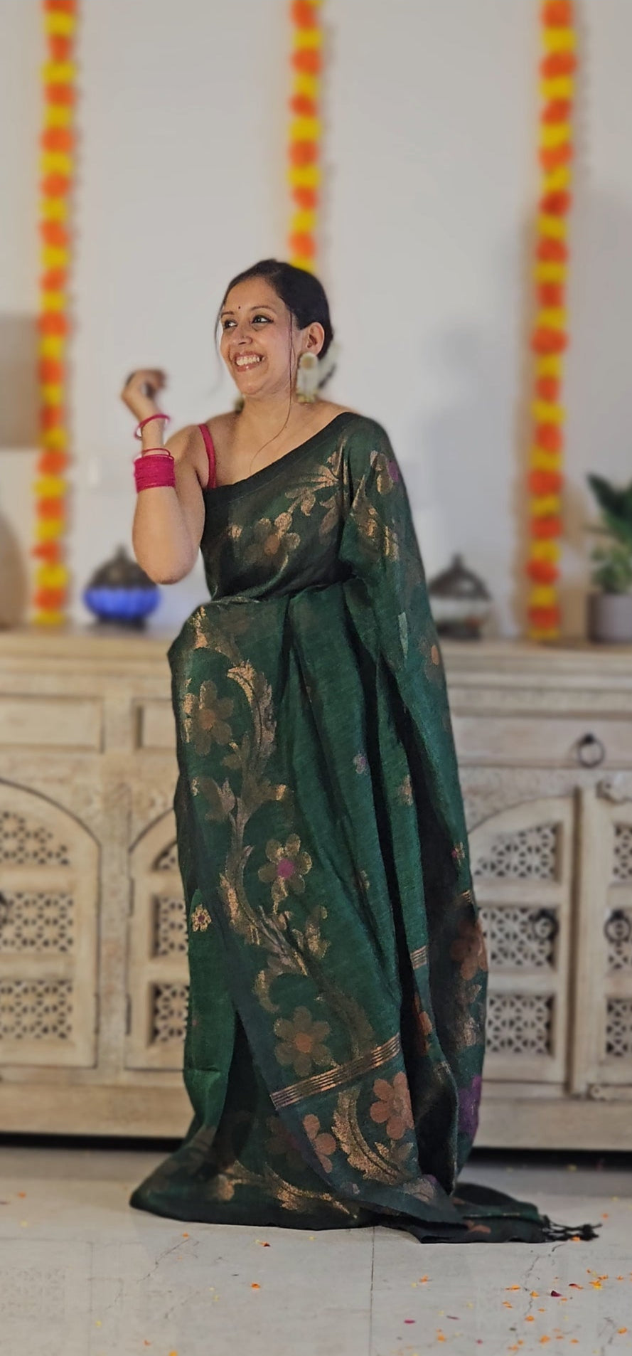 Green flower pure handwoven linen saree with zari flowers