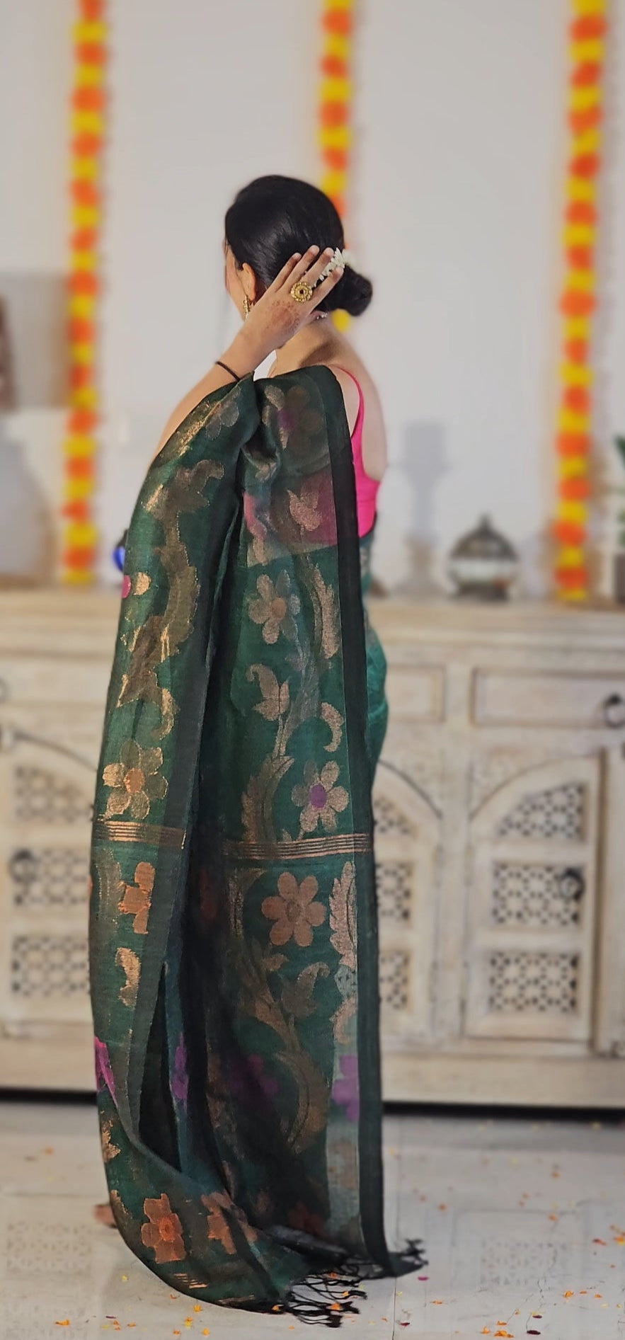 Green flower pure handwoven linen saree with zari flowers
